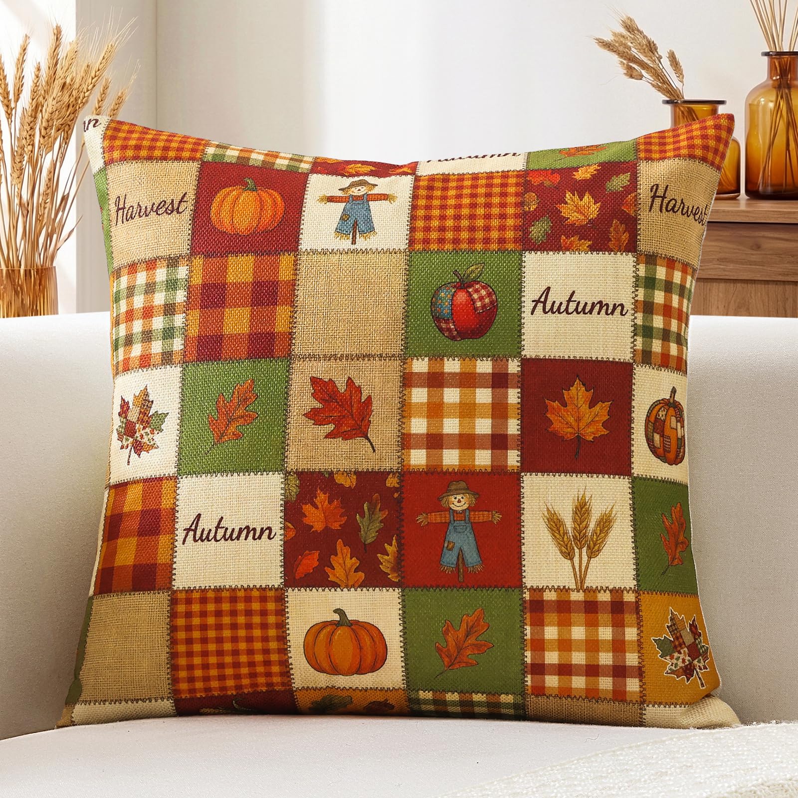 Artscope Fall Cushion Cover 45x45cm, Set of 1 Plaid Scarecrow Maple Leaf Apple Wheat Ears Pillowcase Autumn Thanksgiving Pillow Cover for Sofa Living Room Holiday Party Fall Decor