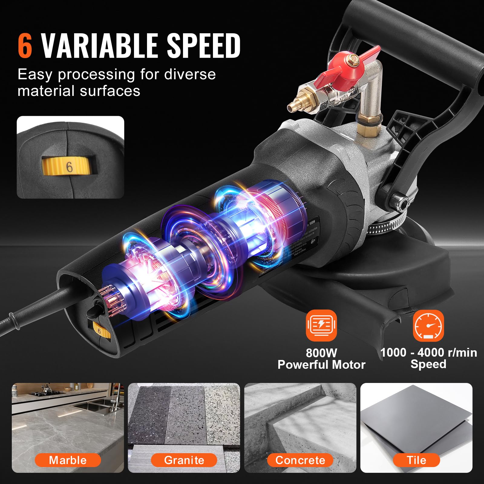 VEVOR Lucidatrice a Umido 800 W, Lucidatrice per Calcestruzzo da 100 mm 6 Velocità Regolabile 7 Tamponi per Lucidatura 1000-4000 giri/min, Interruttore GFCI, per Marmo, Pietra, Roccia, Piastrelle