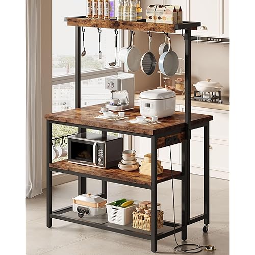 Kitchen Island with Power Outlet, Kitchen Island Table with Folding Top, Stationary Storage Islands, Coffee Bar with Outlets and USB Ports, for Dining Room, Rustic Brown and Black TZD01UBF