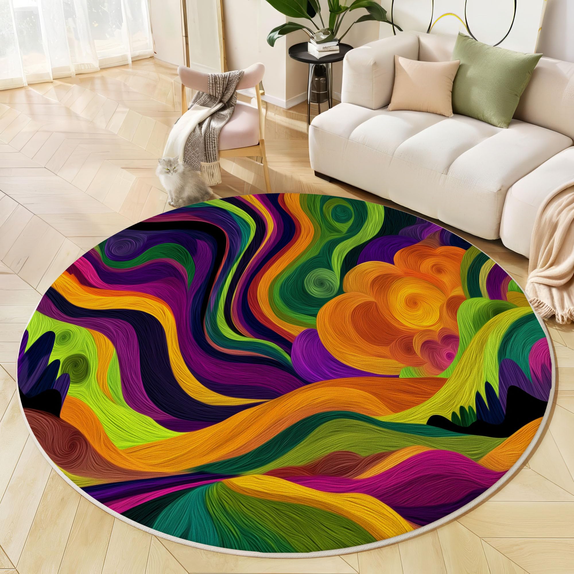 Tapis lavable en machine rond antidérapant abstrait pour le salon