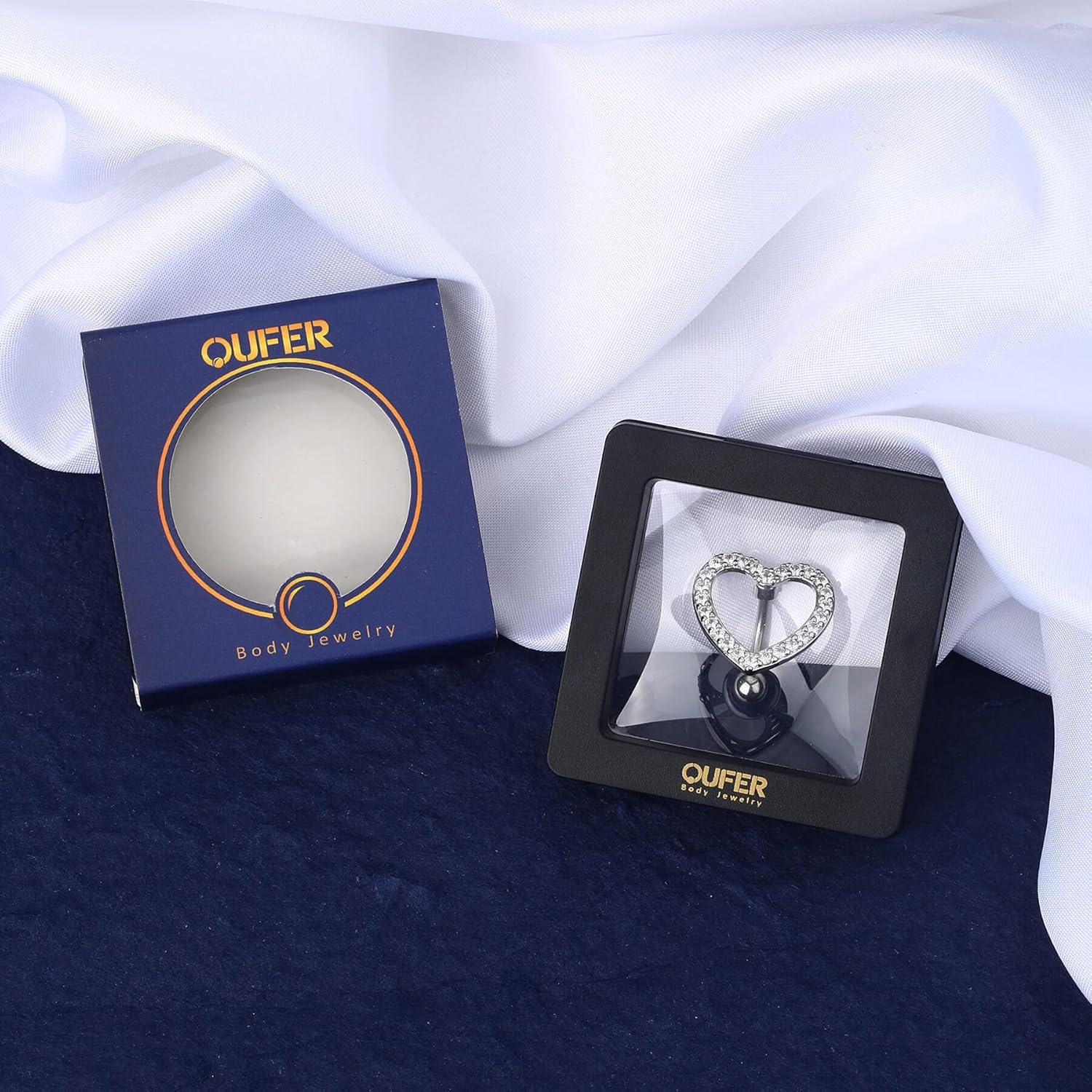 OUFER Belly Button Rings, Heart Reverse Navel Rings, Paved CZ Crystal Belly Piercing Jewelry, 14G Surgical Steel Curved Barbells for Women - Image 7