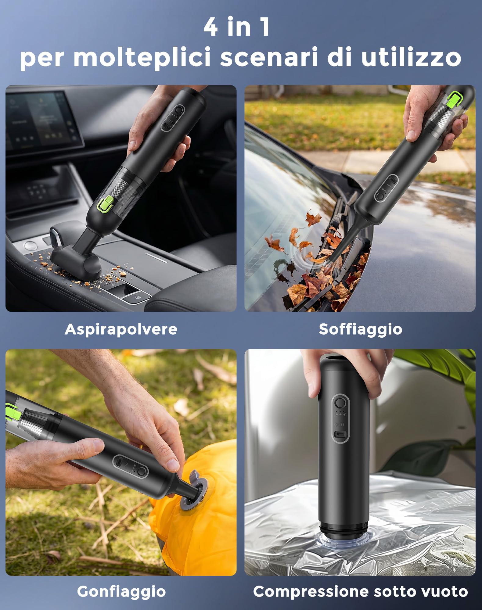 Aspirapolvere Auto, 20000 Pa Aspirabriciole senza Fili, 3 velocità regolabili, Ricca rapida Type-C Aspirapolvere Portatile, 4 in 1 Aspirazione/Soffiaggio/Gonfiaggio/Pompaggio Verde