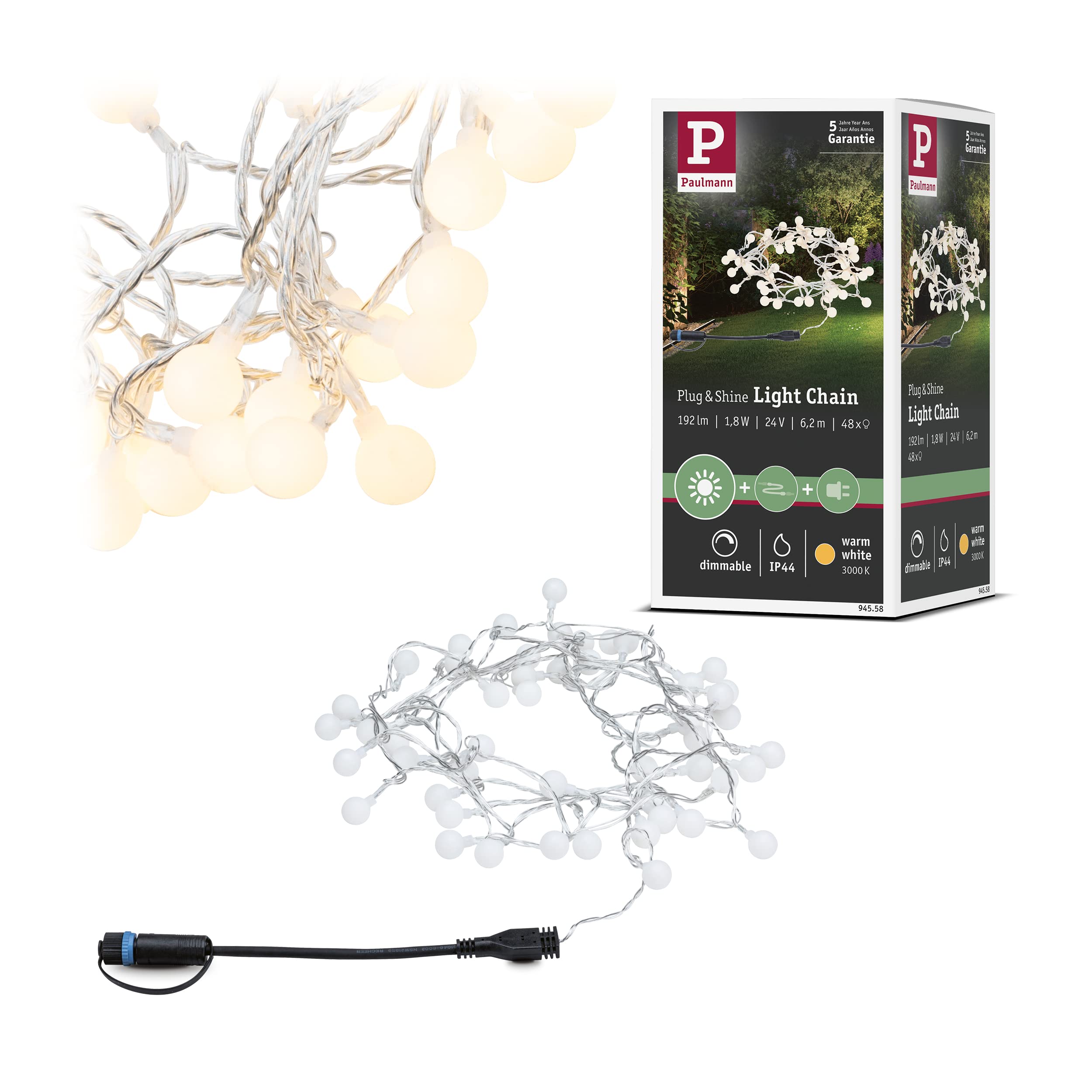 Paulmann Black 94558 Plug & Shine Led Outdoor Light Chain Ip44 Warm White Dimmable Plastic 3000 K