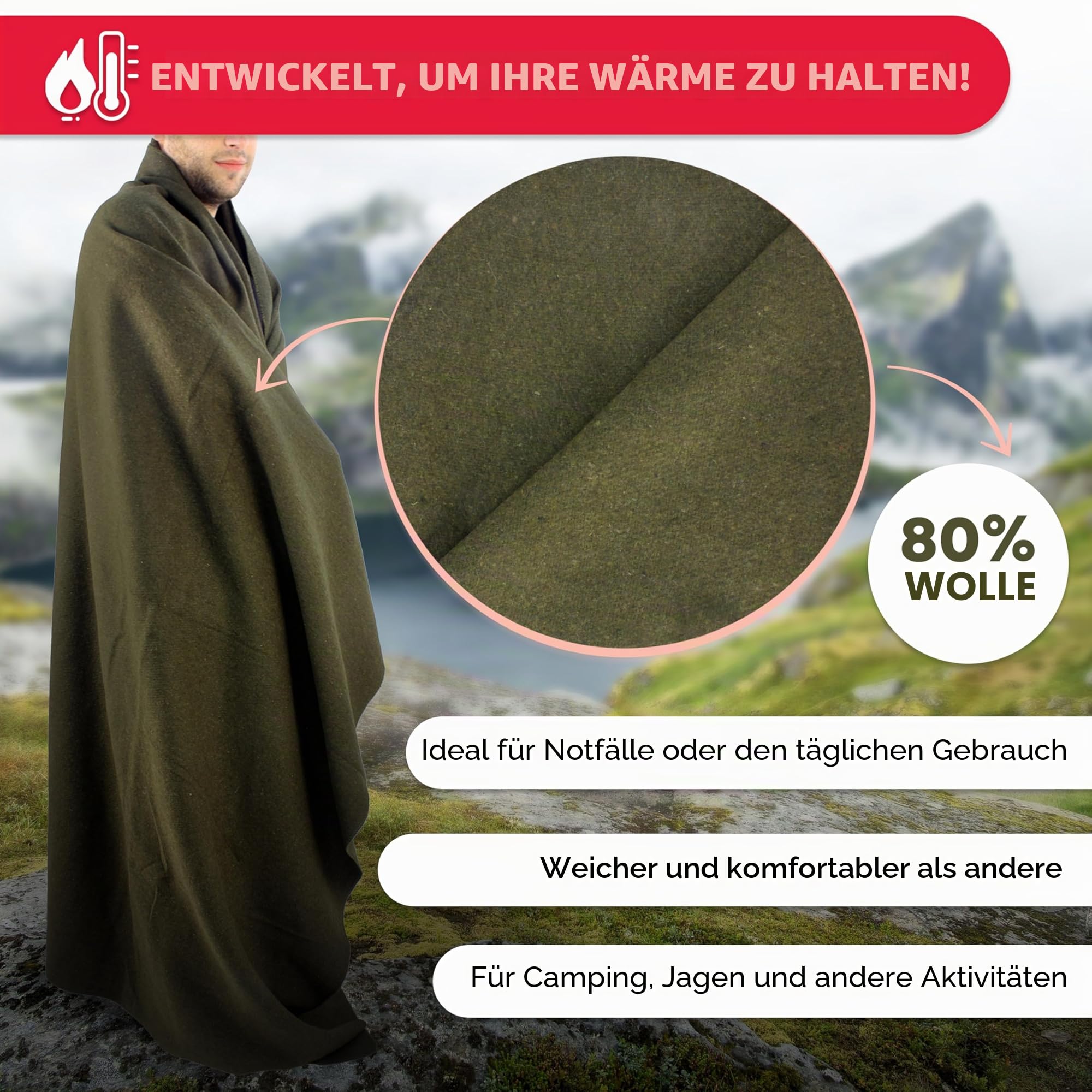 Grün Olive Wolle warm Decke, feuerbeständig, 168 x 229 cm (80% Wolle) – US Militärische