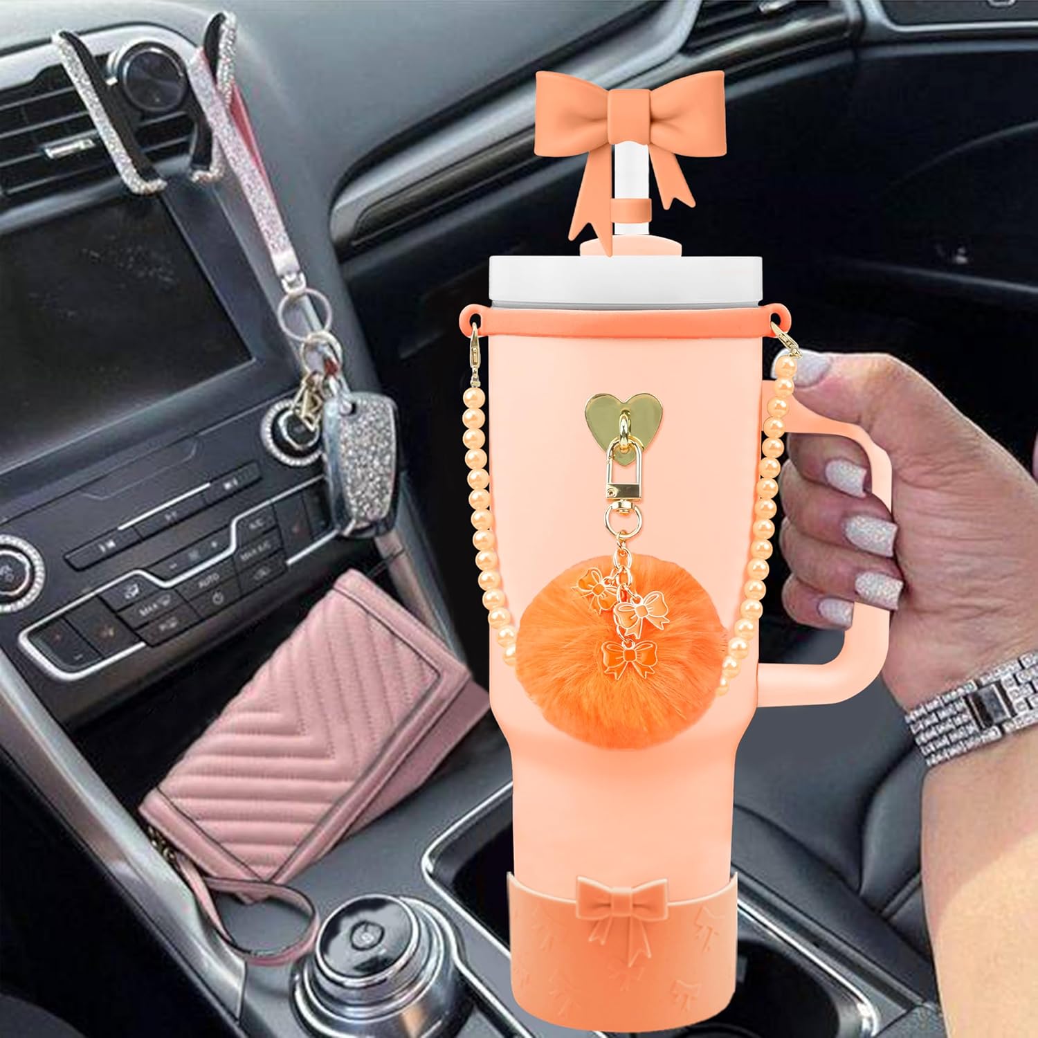 7PCS Bow of Stanley Cup Accessories Set 30/40 Oz Pearl Charms for Stanley Decorations Water Bottle Tumbler Accessories Including Bow Straw Topper, Pom Pom Keychain, Tumbler Boot 30/40 Oz - Image 5