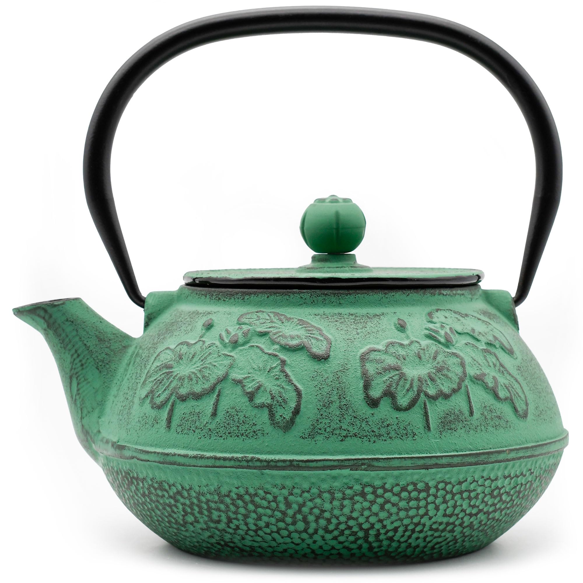 Zen Minded Teiera tradizionale giapponese Tetsubin in ghisa con filtro a rete in acciaio inox per tè verde e nero, caffè e infusi, 900 ml, motivo loto, verde smeraldo