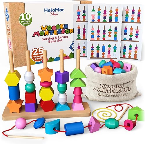 Montessori - Juguete de cuentas de madera para niños pequeños, juego de secuenciación de cuentas, clasificación y apilamiento para niños pequeños,