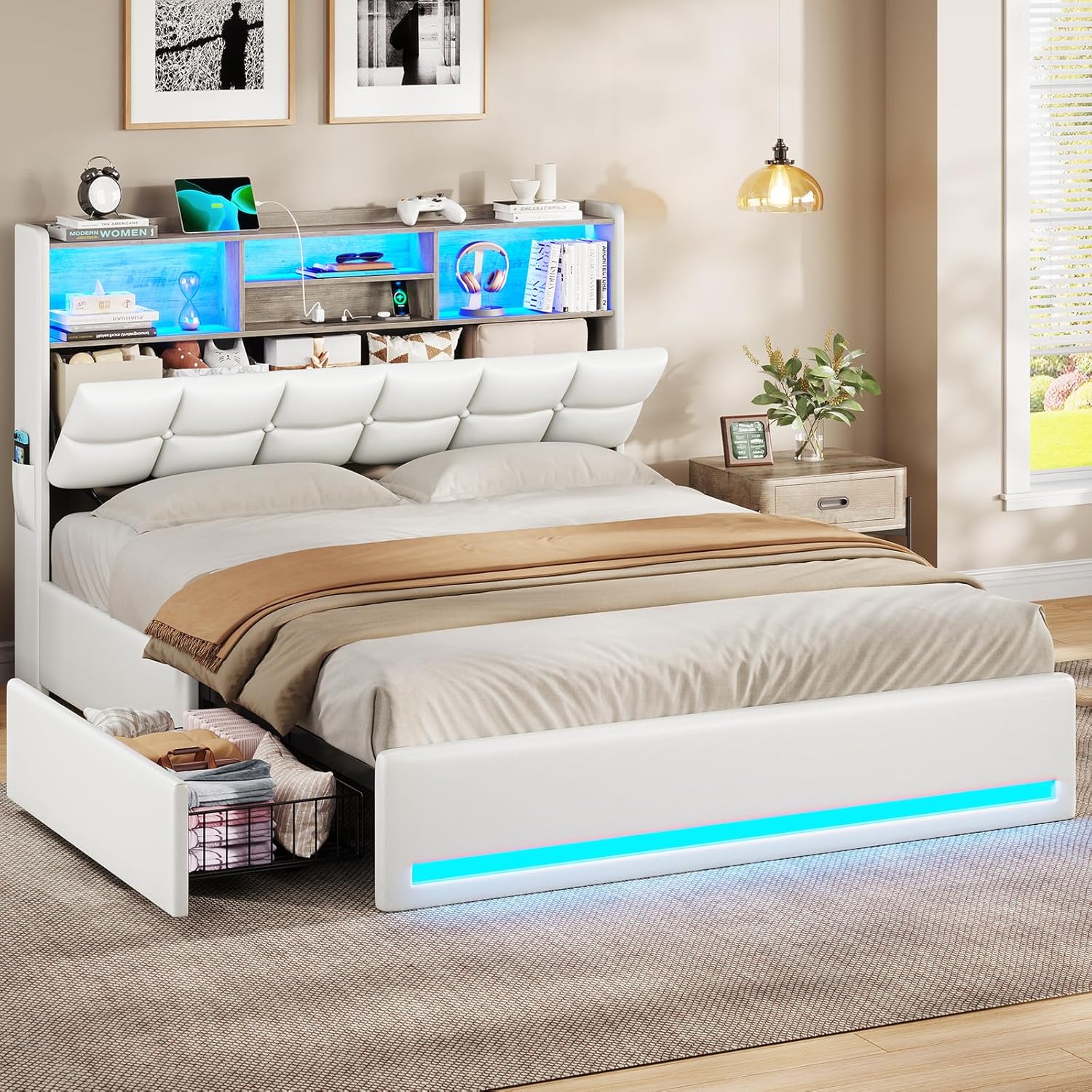 VIAGDO Full Size Bed Frame with Bookcase Headboard and Storage, Upholstered Platform Bed Frame Full Size with Charging Station, 4 Drawers and LED Lights, Heavy Duty, No Box Spring Needed, White