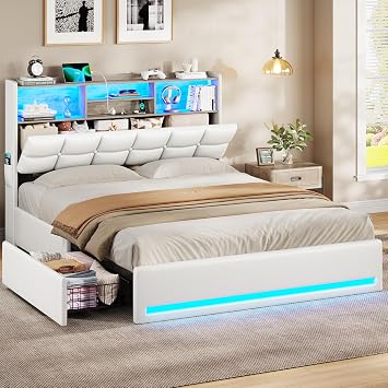 VIAGDO Queen Bed Frame with Bookcase Headboard and Storage, Upholstered Platform Bed Frame Queen Size with Charging Station, 4 Drawers and LED Lights, Heavy Duty, No Box Spring Needed, White