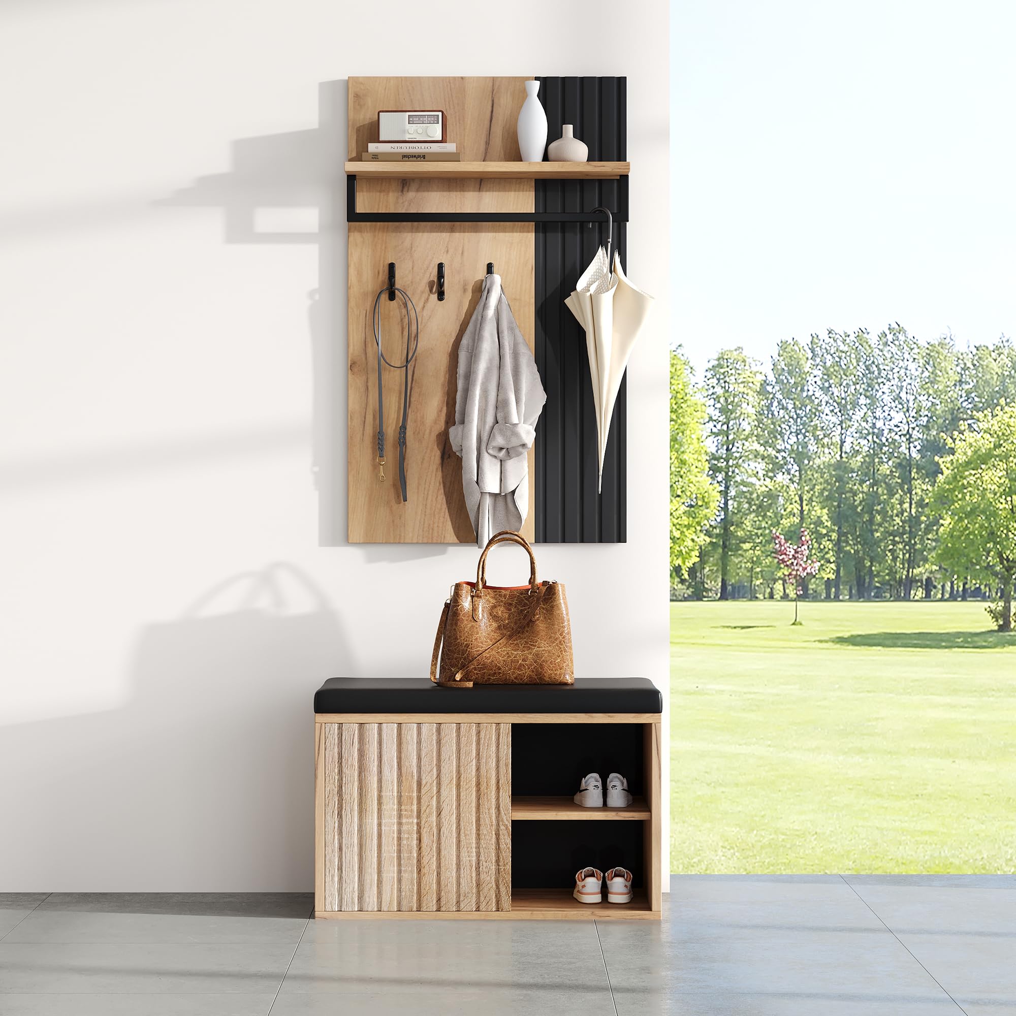 Merax Garderobenset mit Schuhbank, Schuhschrank mit 2 Türen, Flurmöbel mit Rückwand mit 3 Haken, Schwarz & Naturfarben, 70x36x146 cm