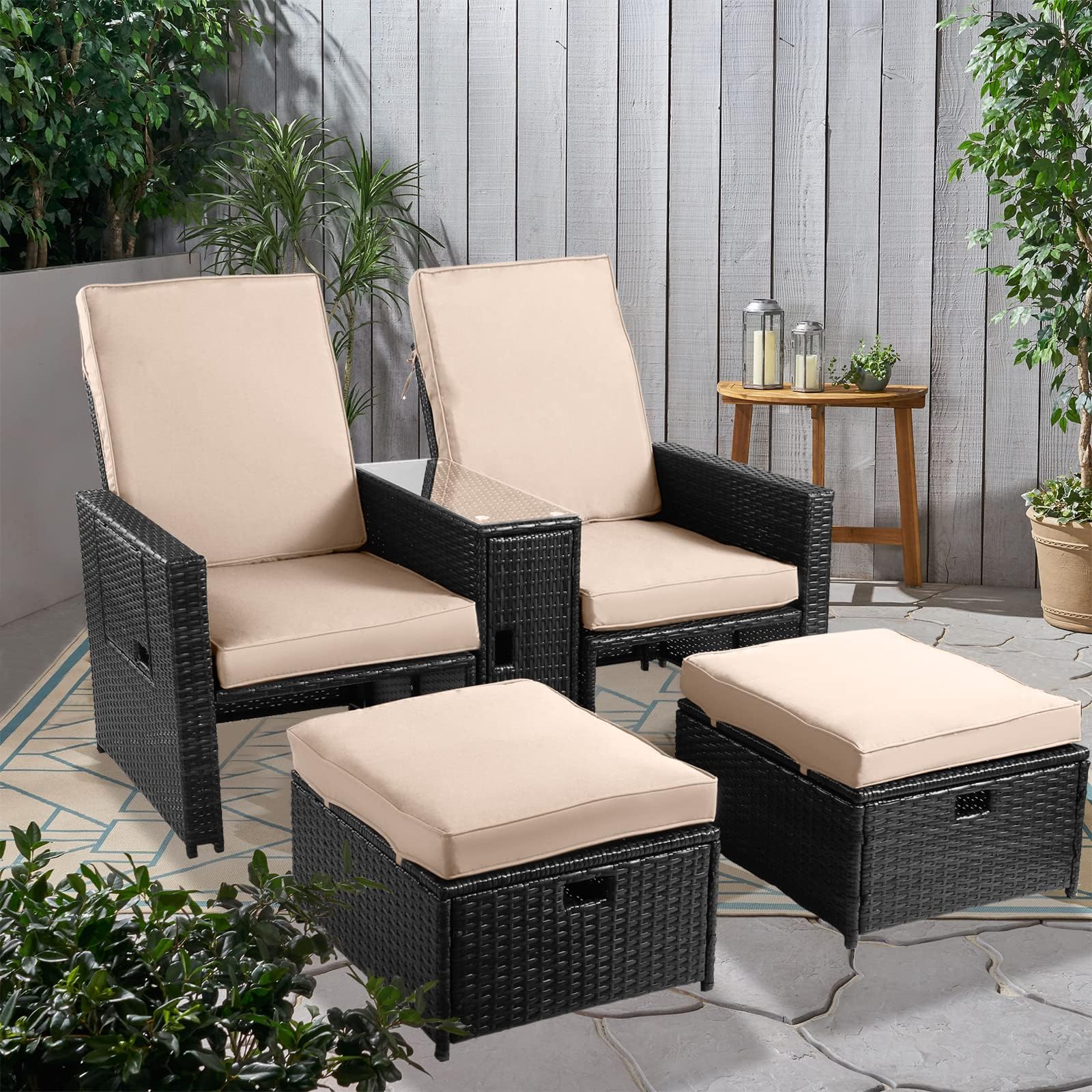 LVUYOYO 5-Piece Wicker Lounge Chair Ottoman Set Patio Wicker Loveseat with Adjustable Back, Coffee Table, Cushion Outdoor Rattan Sofa Set for Garden, Pool, Backyard, Balcony, Beach