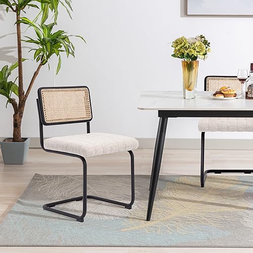 Miniatura 7 de Juego de 2 sillas de comedor de ratán natural, sillas de cocina modernas con respaldo de madera maciza, sillas laterales Cesca tapizadas con cómodo