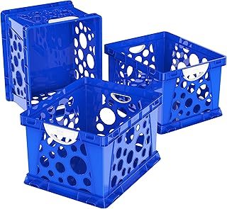 Storex Premium File Crate with Molded Handles – Letter and Legal Document and Folder Storage, Classroom Blue, 3-Pack (61455F03C)