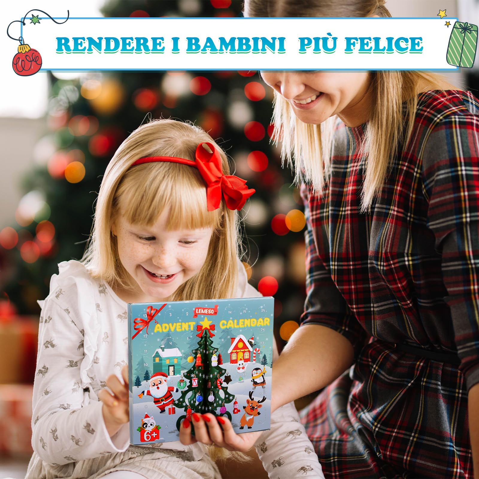 LEMESO Calendario Avvento 2025 Albero di Natale da Tavolo Piccolo Albero di Natale in Legno Calendario dell'Avvento con Miniature Pendenti Idee Regalo Natale Bambini Addobbi Natalizi