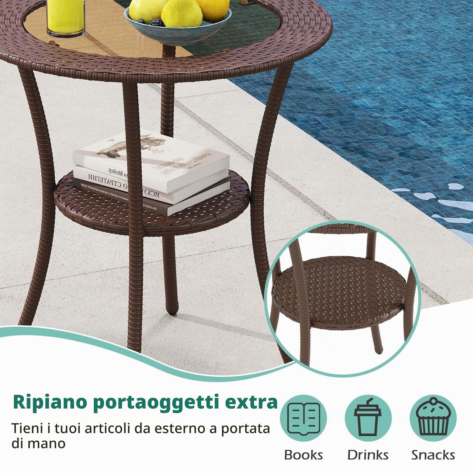 GIANTEX Tavolino da Giardino Rotondo in Rattan e Vetro a 2 Ripiani | Tavolo d'Appoggio Esterno Resistente alle Intemperie, Portata 35 kg, per Piscina Patio Balcone, 64 x 71,5 cm