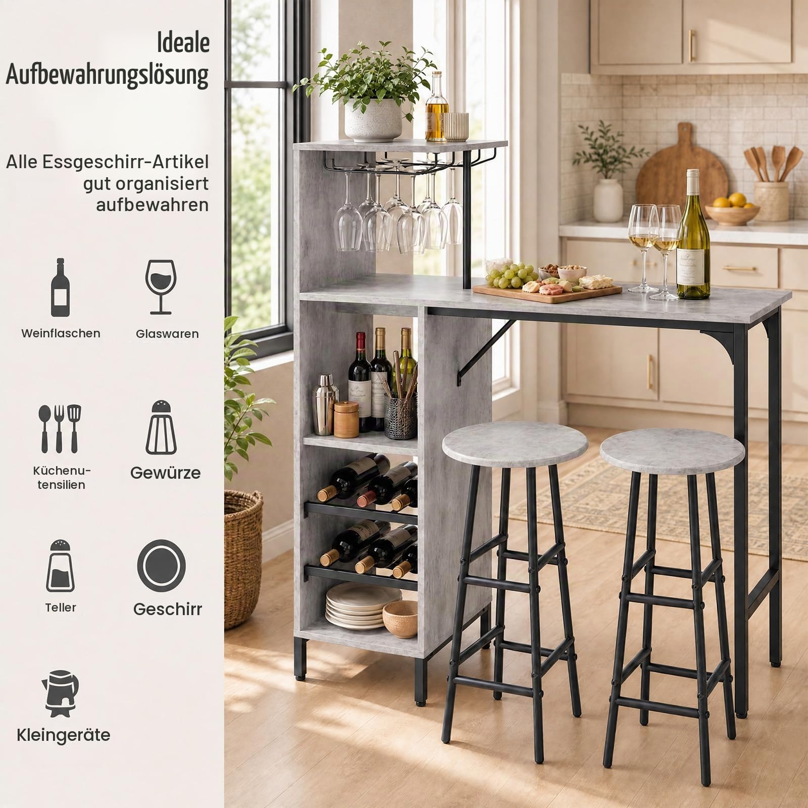 LIFEZEAL Bartisch Set, Tresentisch mit 2 Barhocker, Esstisch Stehtisch mit Weinglashalter & Ablage, Küchentheke Bistrotisch Industrie-Design, Stehtisch für Bar, Bistro & Wohnzimmer (Grau)