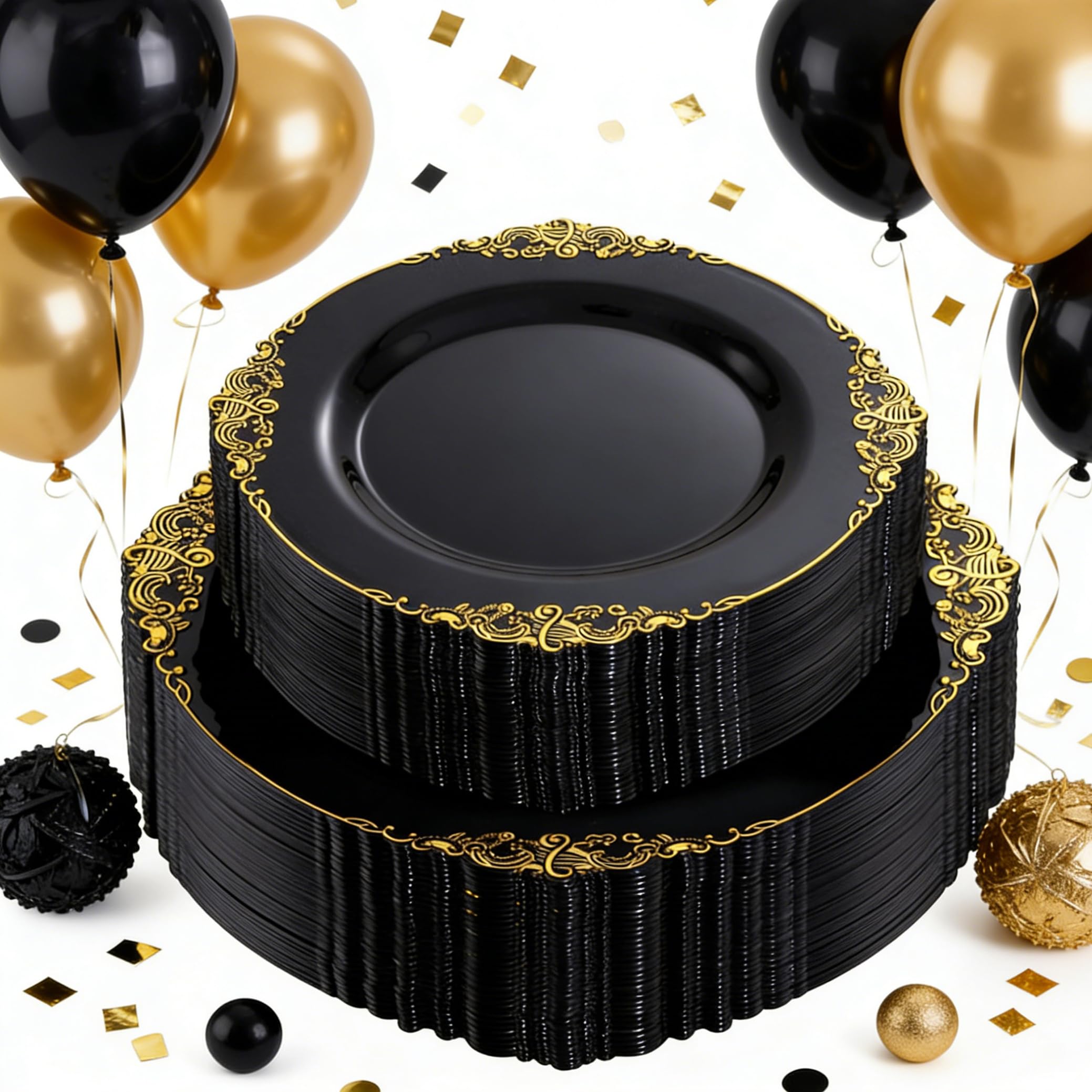 102PCS Black and Gold Plastic Plates - Black Disposable Plates - Heavyweight Disposable Plate with Gold Rim - Fancy Dinner & Dessert Plate for 51 Guests Weddings & New Year Party