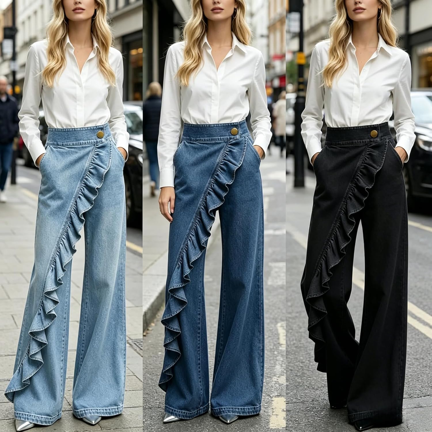 Women's High Waisted Wide Leg Jeans Trendy Cute Ruffle Detail Asymmetrical Wrap Button Front Flowy Dressy Denim Pants