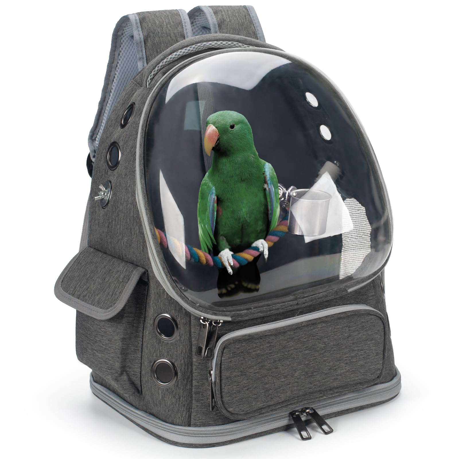 Bird Backpack Carrier Travel Cage with Perch, Tray and Breathable Clear Window, Bird Travel Cage for Cockatiel Caique Conure Quaker, for Vetting Camping Hiking (Grey)