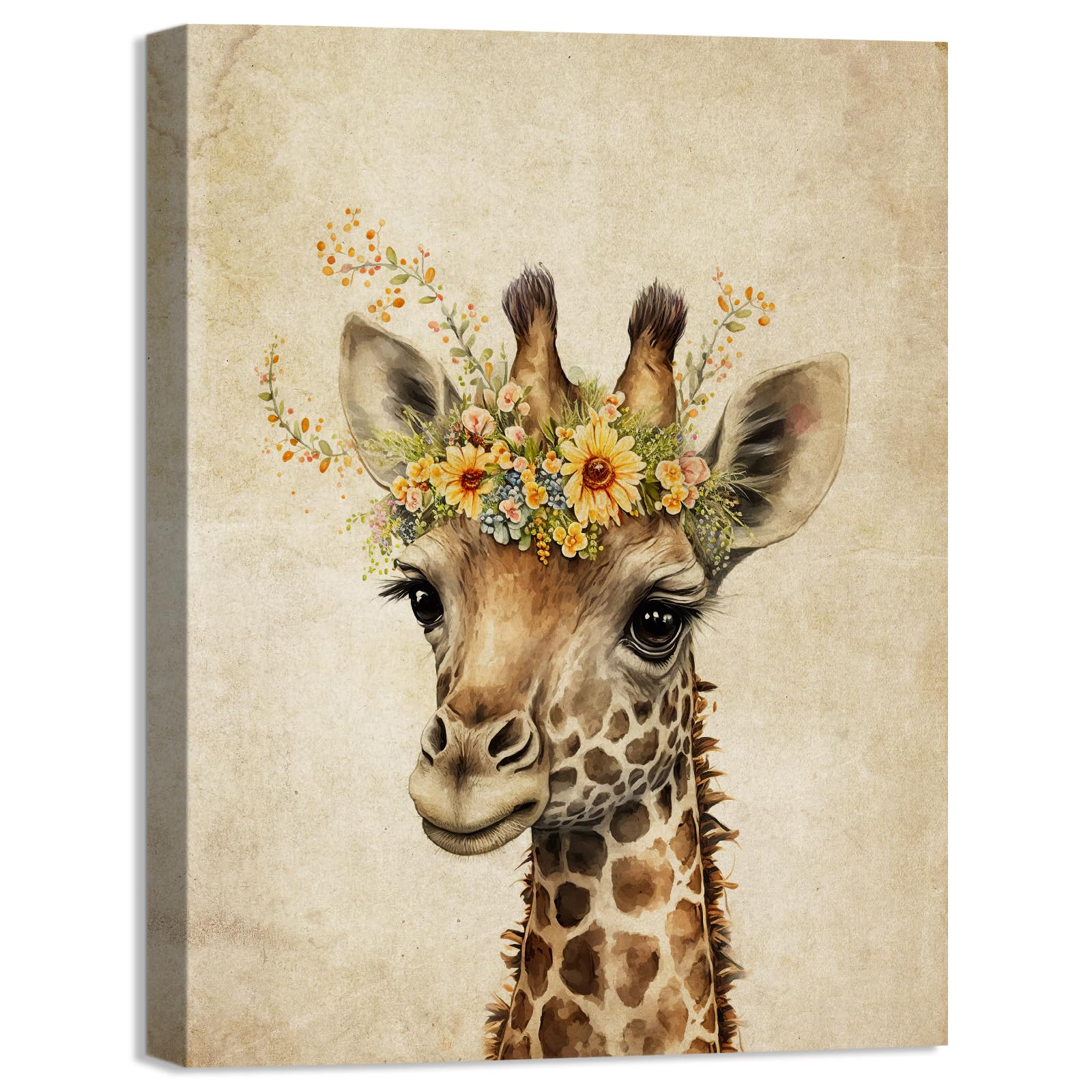 Funny Animals Canvas Wall Art Cute Giraffe with Flower Prints Picture Rustic Painting Artwork for Bathroom Bedroom Kids Nursery Room Decor, Stretched and Framed,12"X16"