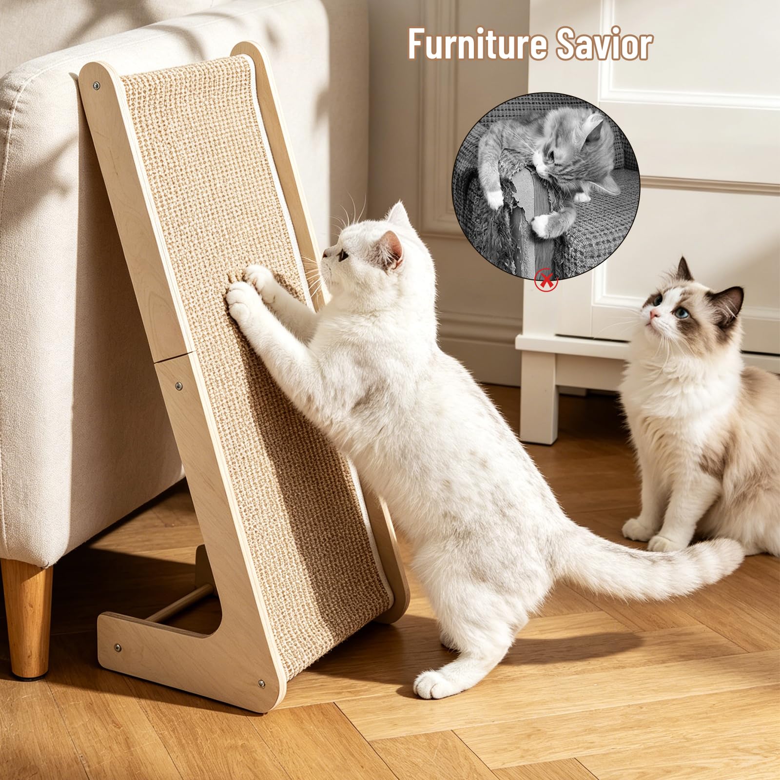 Griffoir pour Chat, Griffoir Incliné en Bois Naturel avec Revêtement Sisal, Griffoir Chat Anti Griffe Canapé, Grattoir Stable pour Chats d’Intérieur, Protège Meubles et Favorise l’Activité Physique