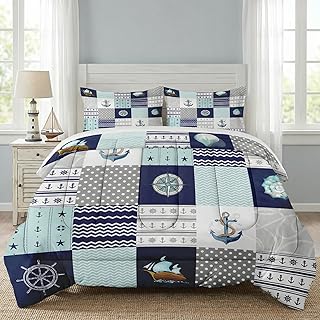 WeCozy Queen Size Comforter Set with 2 Pillowcases, Nautical Blue Marine...