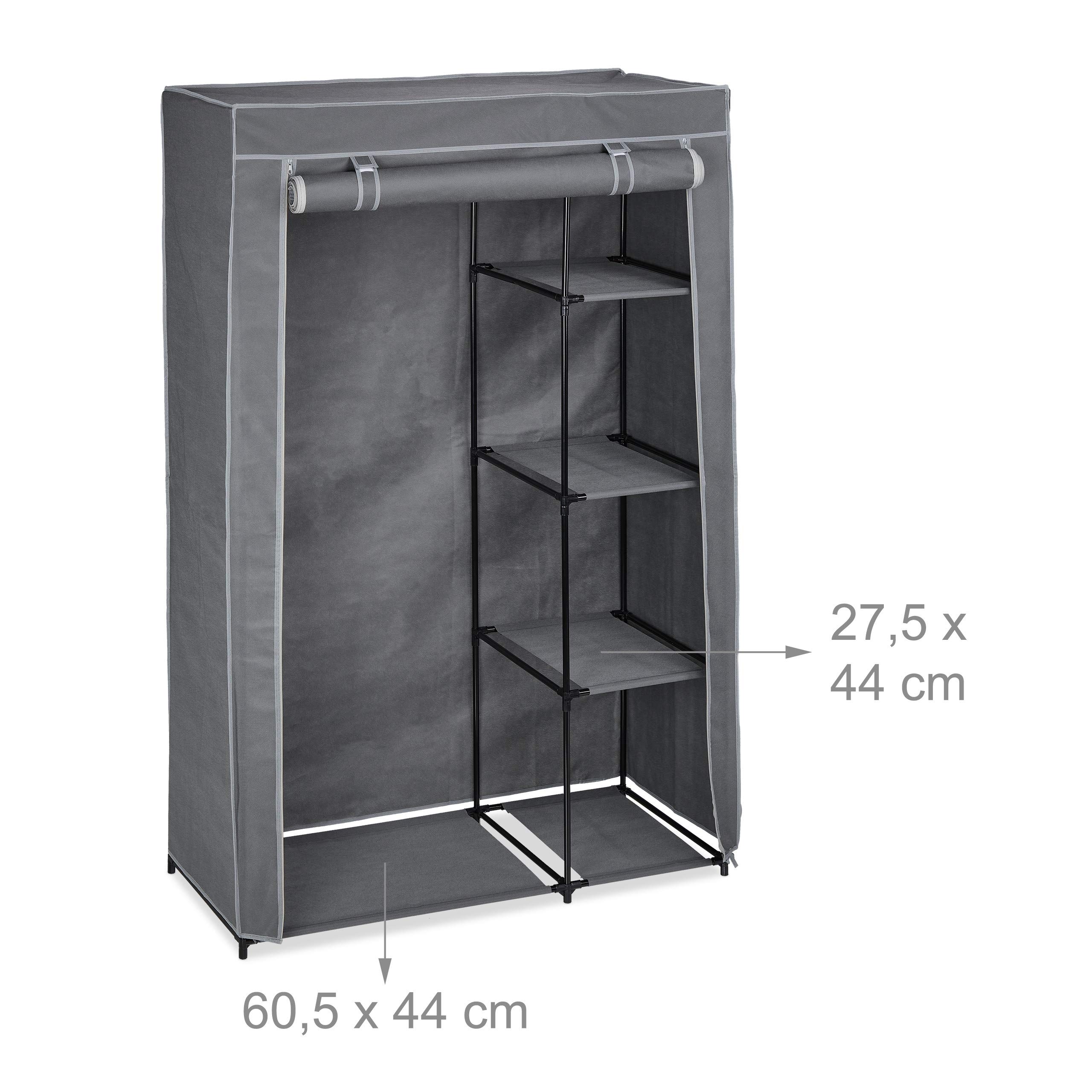 Relaxdays Armadio in Tessuto, con Asta per Abiti e 5 Ripiani, Pieghevole, Cerniera Zip, HLP: 161x105,5x45cm, Antracite