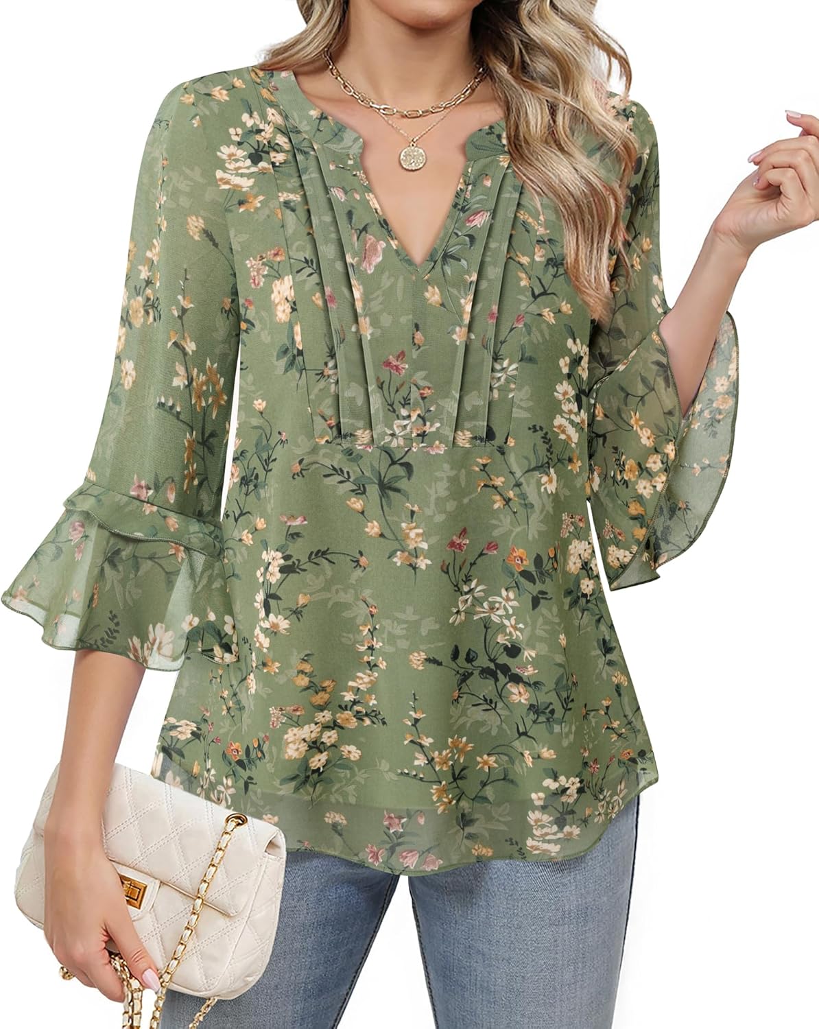 Furnex Womens 3/4 Sleeve Tops Dressy Casual Elegant Blouses V Neck Shirts Floral Double Layered Chiffon Tunic - Image 2