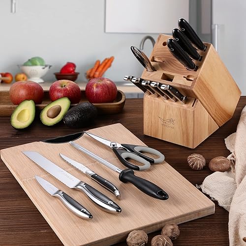 Miniatura 8 de YONOVAK - Juego de cuchillos para cocina con bloque serie Black Whale de 15 piezas de acero alemán 14116 mango de espiga completa juego de cuchillos