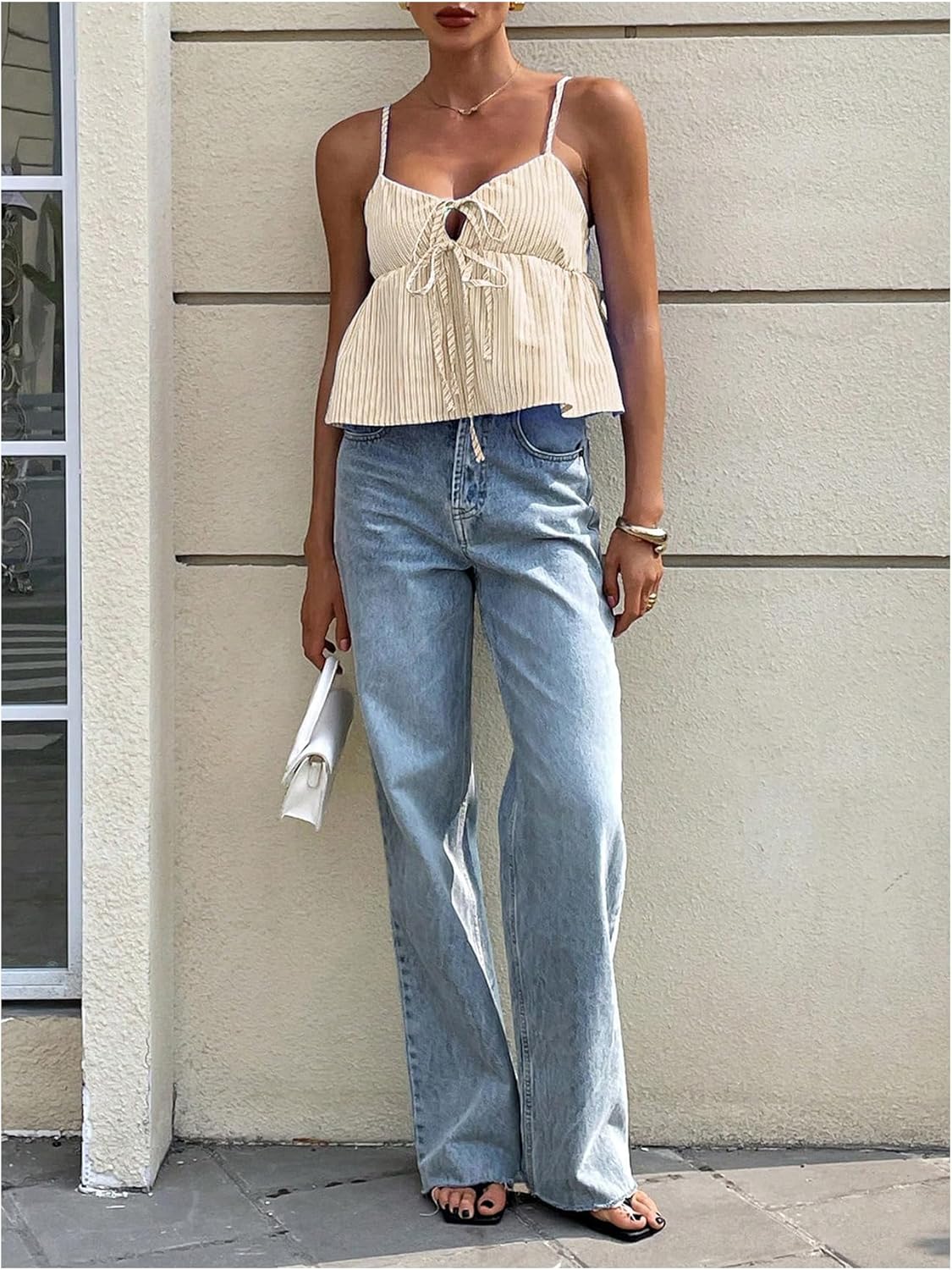 Milumia Women's Striped Babydoll Peplum Tank Top Tie Front Ruffle V Neck Spaghetti Strap Cami Crop Top - Image 5