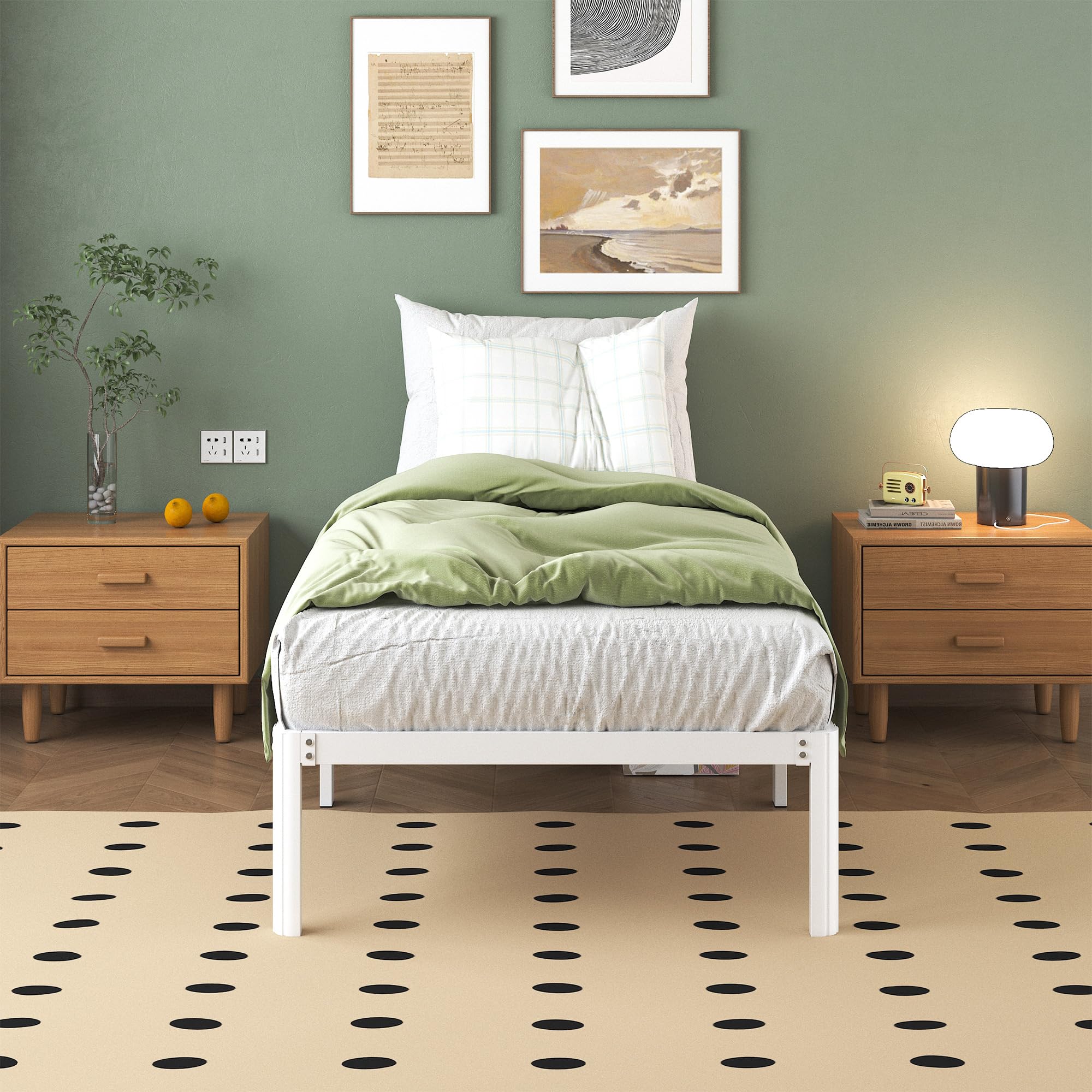 Cama 75x190 cm con Patas Curvadas, Estructura Metal Resistente, Somier Láminas, Blanco