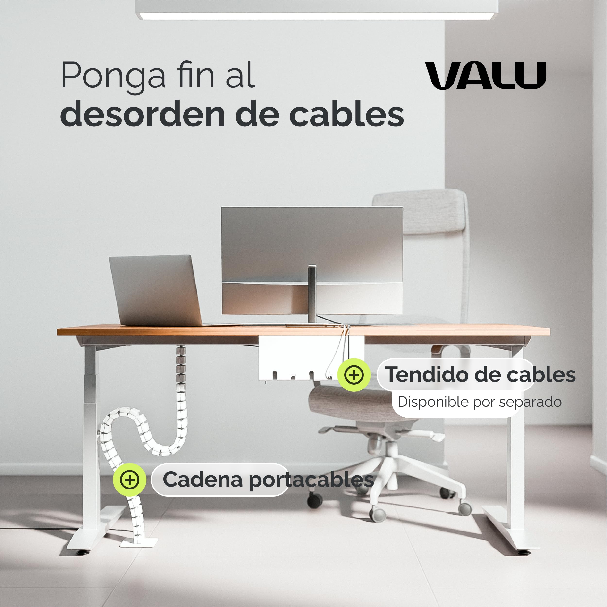 VALU guia pasacables para escritorios hasta 125 cm – Estable y Flexible, eslabón magnético – pasacables para mesas de Altura Fija y Ajustable – Base de Acero & Almohadillas de Goma