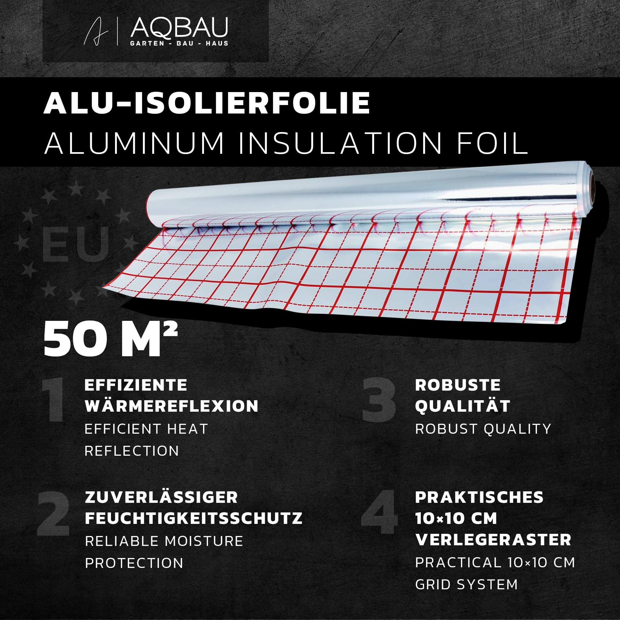 Rasterfolie Fußbodenheizung 50 m² Rolle, Alu Isolierfolie 0,105 mm extra stark, Wärmedämmfolie mit 10 x 10 cm Verlegeraster, Feuchtigkeitsschutz für Wasser-Fußbodenheizung