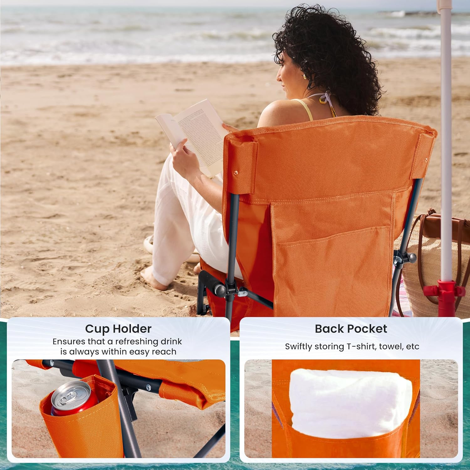 Portable Folding Beach Chair for Adults - Lightweight Low Back Sling Chair with Cup Holder & Storage Pocket, 300lbs Capacity Camping Chair for Outdoor, Lawn (Bright Orange, 2 pcs)
