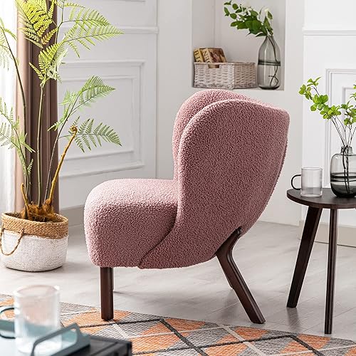 Miniatura 4 de Merax Blush Modern - Silla decorativa de sherpa de felpa con patas de madera, sillón de sala de estar copetudo con respaldo de alas para mujeres y