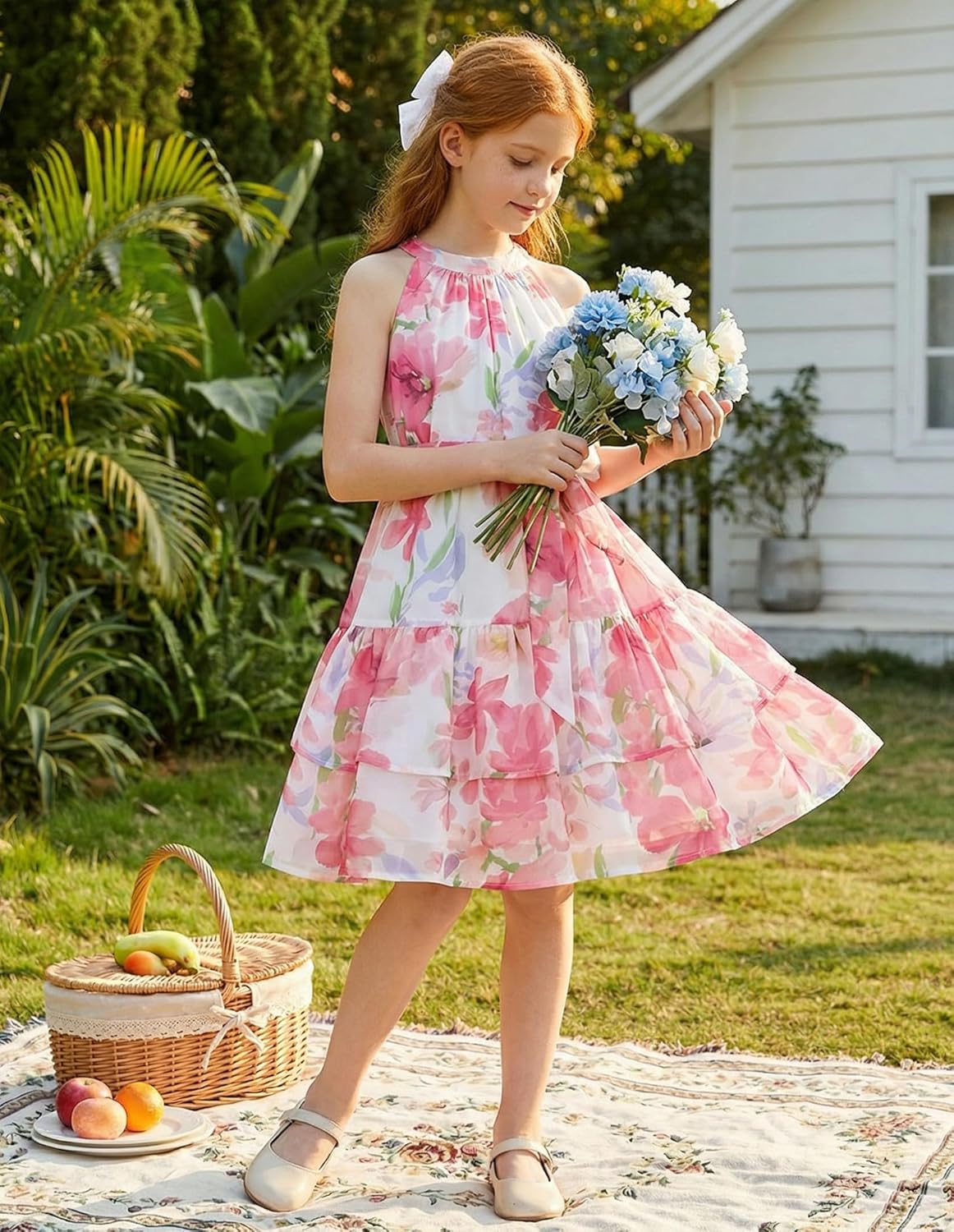 GRACE KARIN Girls Summer Beach Dress Floral Hawaiian Halter Chiffon Party Wedding Vacation Sundress 7-14Y - Image 7