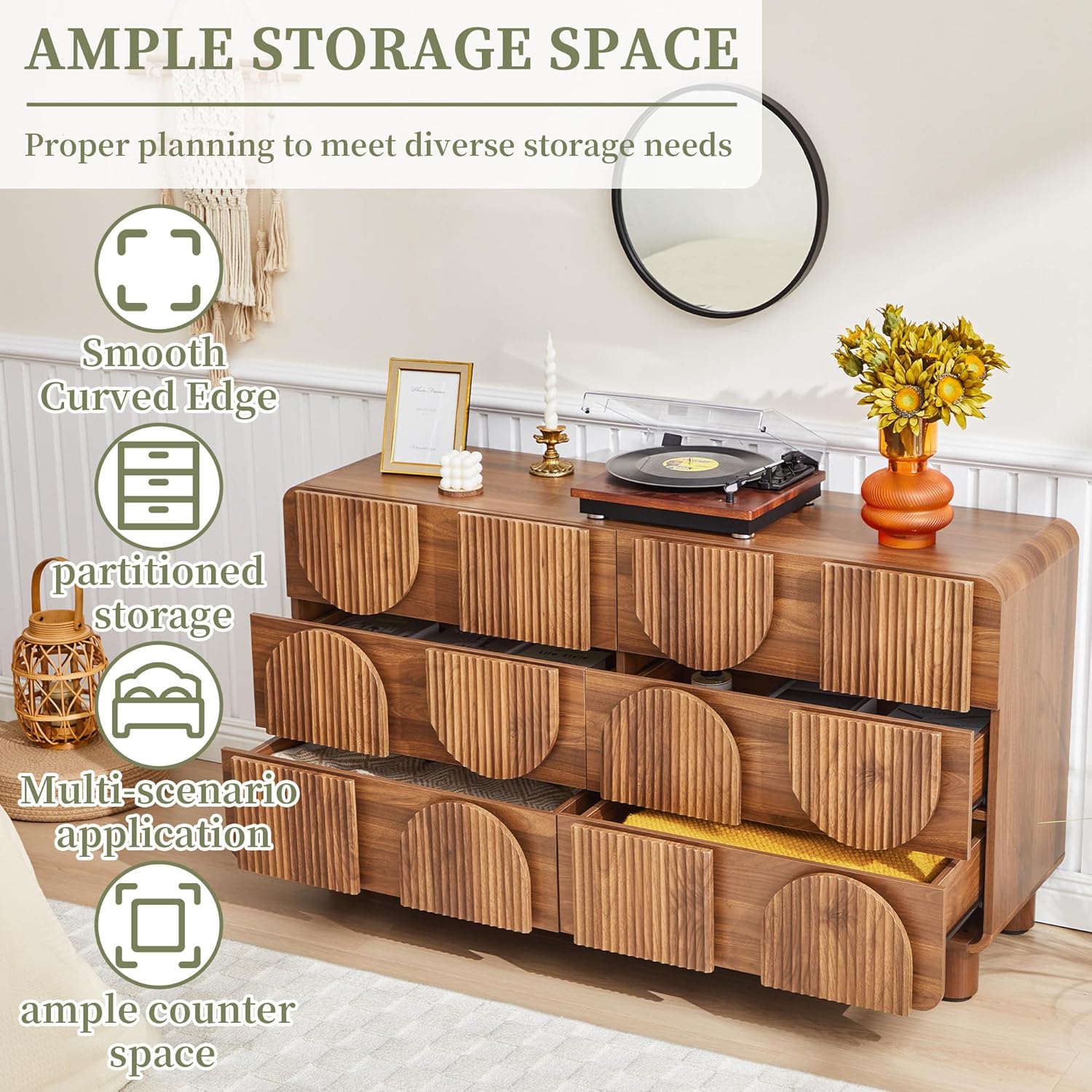 Fluted Dresser for Bedroom with 6 Drawers, 54" Wide Mid Century Modern Chest of Drawers , Wooden Curved Dresser TV Stand, Wood Closet Clothes Storage Organizer for Living Room, Hallway, Walnut