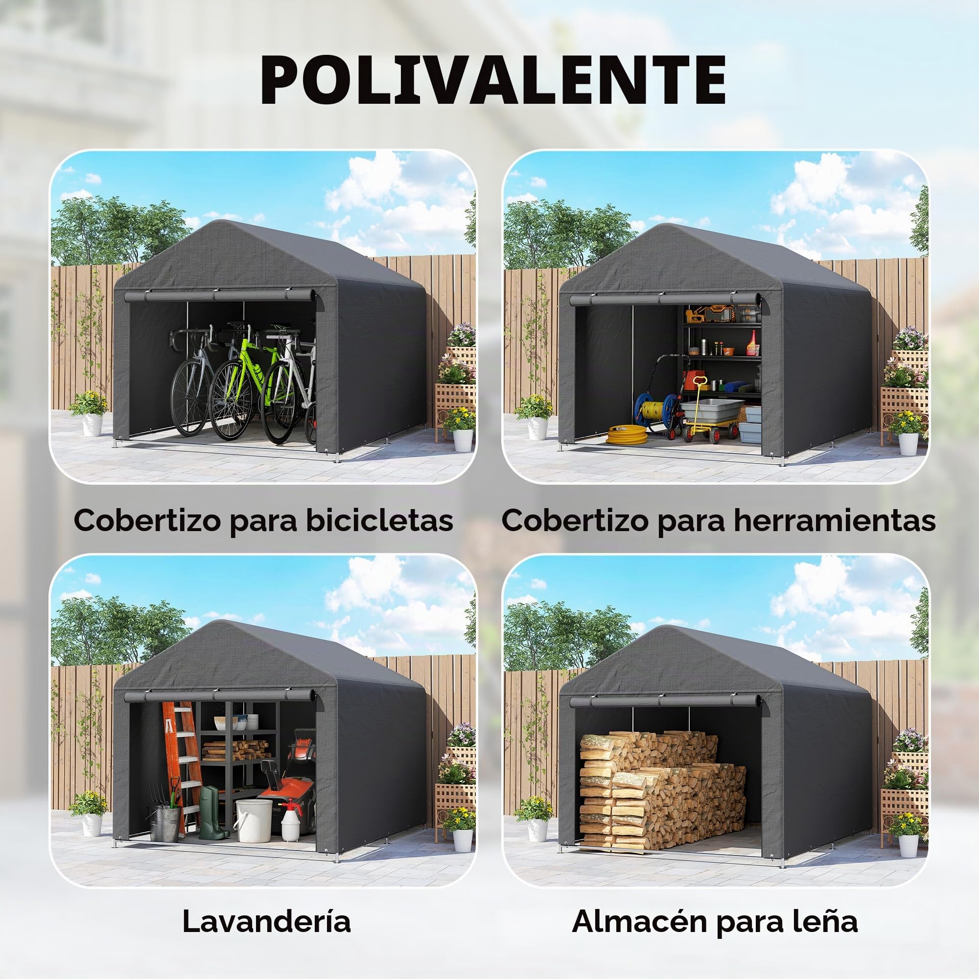 Outsunny 6.6x7.8ft Cobertizo jardín Impermeable Gris Oscuro | Tienda bici, puerta enrollable cremallera, marco metal galvanizado, cobertizo portátil para moto, herramientas