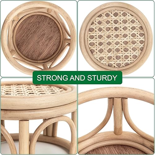 Miniatura 2 de Juego de 2 pequeños soportes redondos de mimbre de ratán bohemio para interiores, pedestal circular de madera natural rústica para decoración y