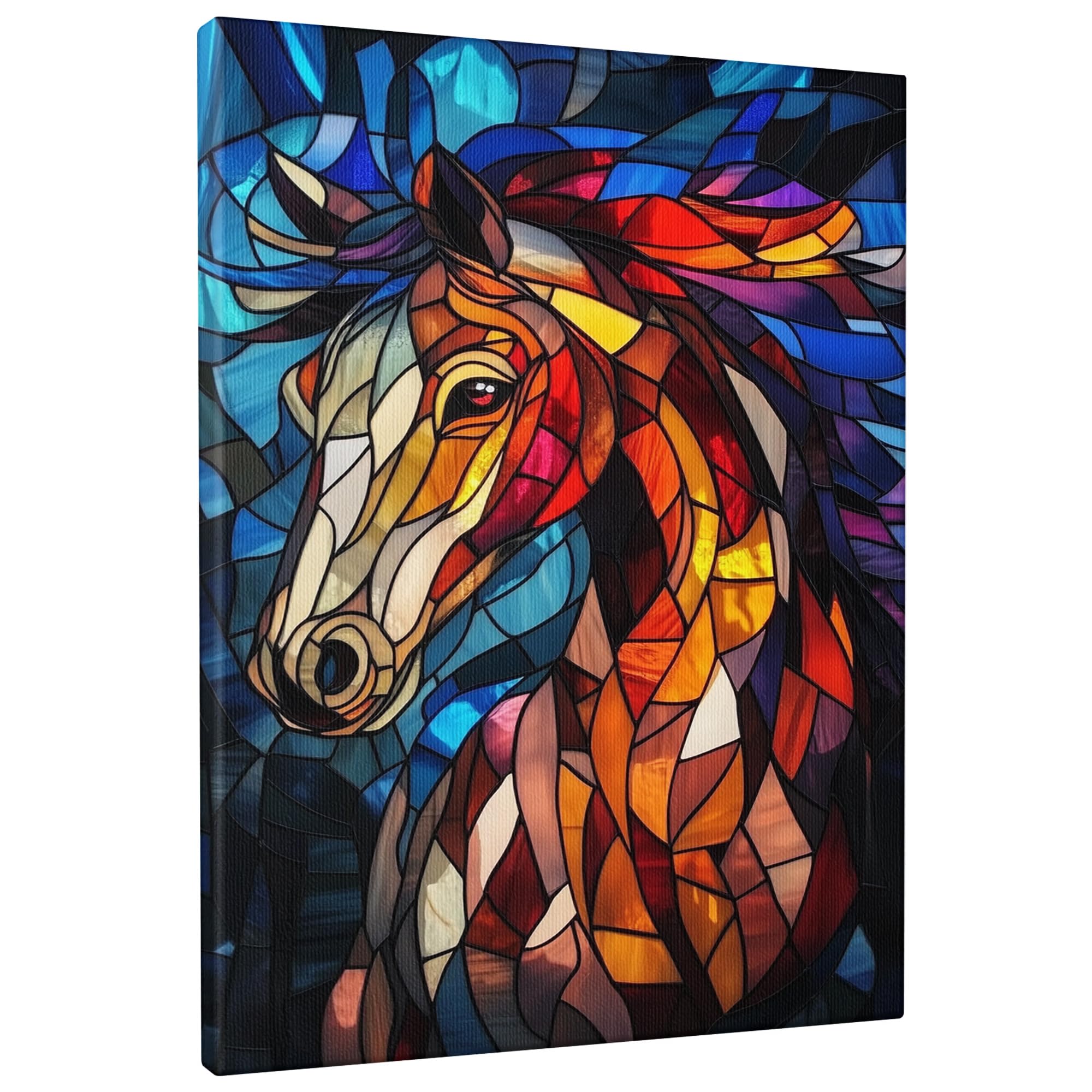 Colorful Stained Glass Horse Wall Art, Red Blue Brown Equine Home Decor, Abstract Art for Living Room, Bedroom, Office, Unframed 8x12 Inch