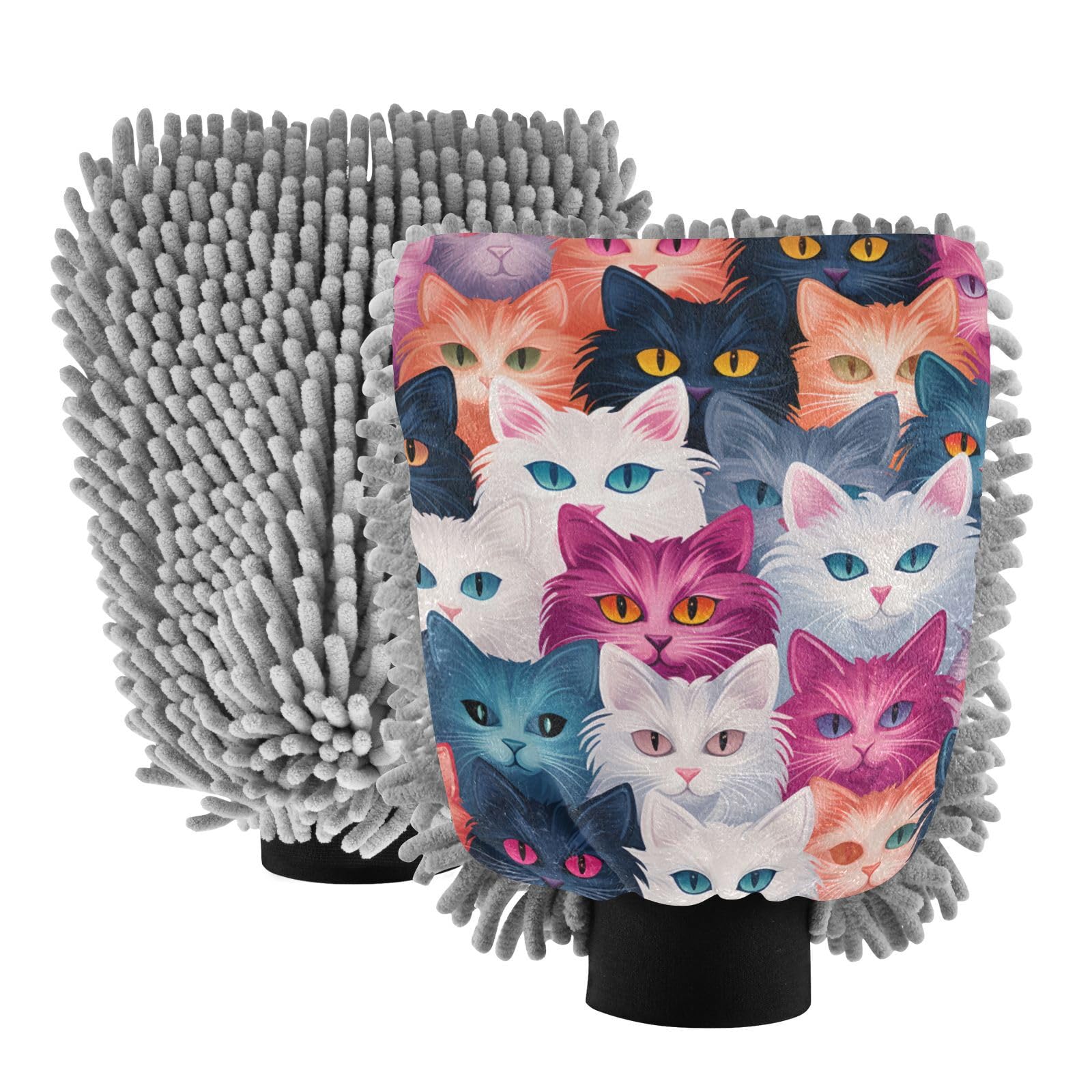 IOACIY Absorbent Microfiber Car Wash Drying Mitts, 2 Pack, Scratch-Free & Lint-Free, Rich Foam, Highly Absorbent, Double Sided, Wash Mitt Perfect for Car Washing, M, Flower Cat (3)