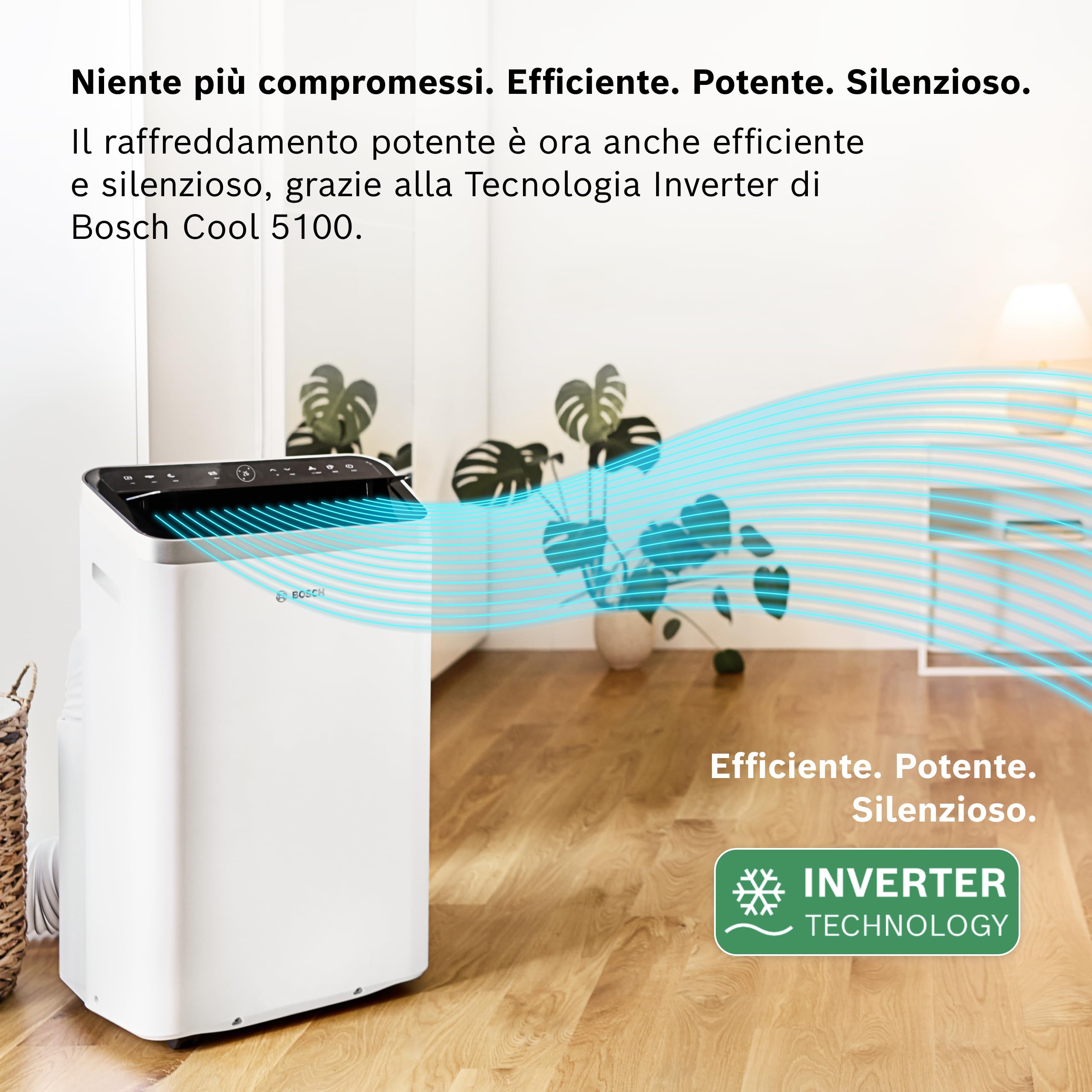 Bosch Cool 5100 Climatizzatore portatile - Climatizzatore 3 in 1, deumidificatore, ventilatore - 3,4 kW per ambienti fino a 46 m² - Con modalità Auto, Silent e Sleep