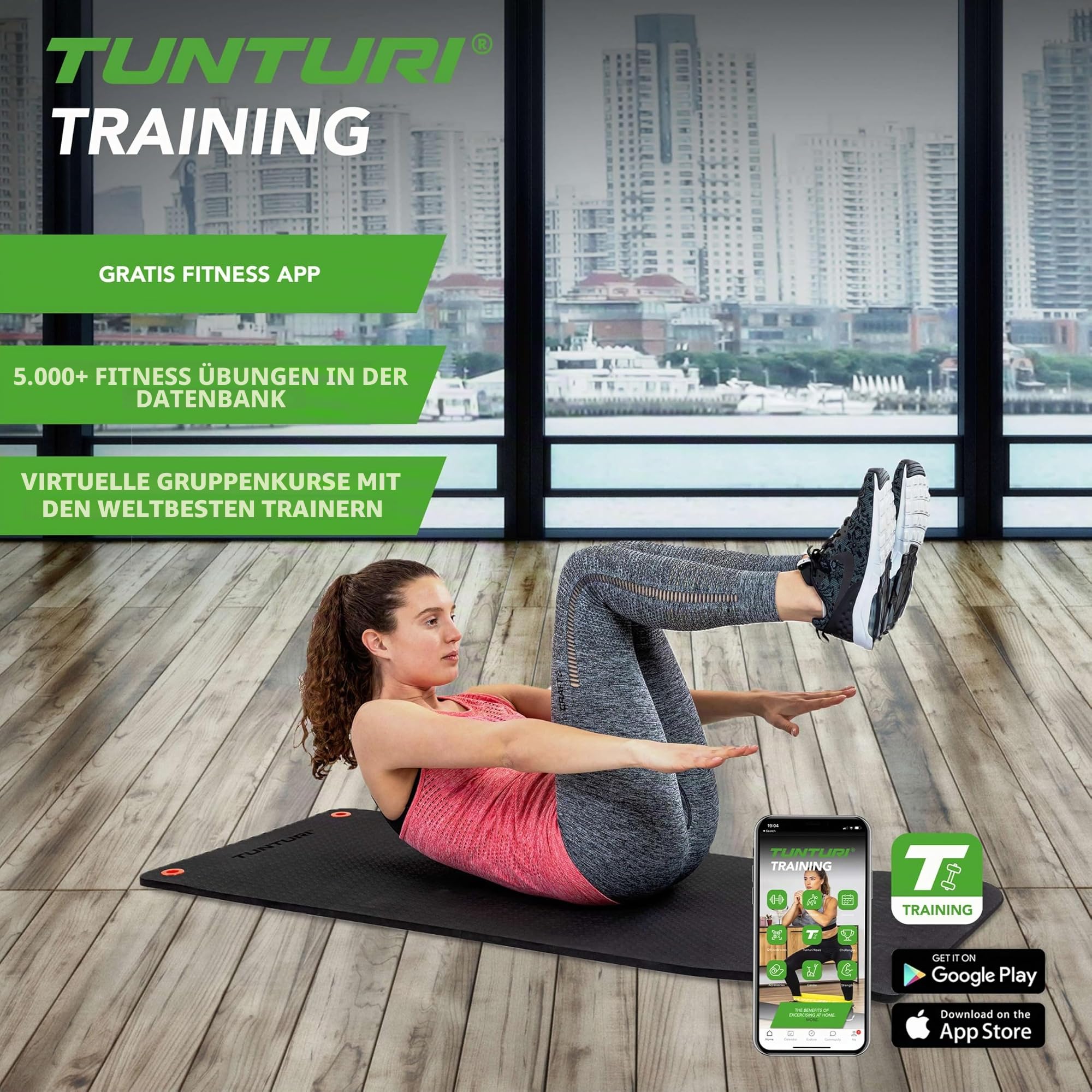 Tunturi Gymnastikmatte, extra dicke Fitnessmatte 1,5 cm, 180 cm, schwarz, Yogamatte zum Aufhängen