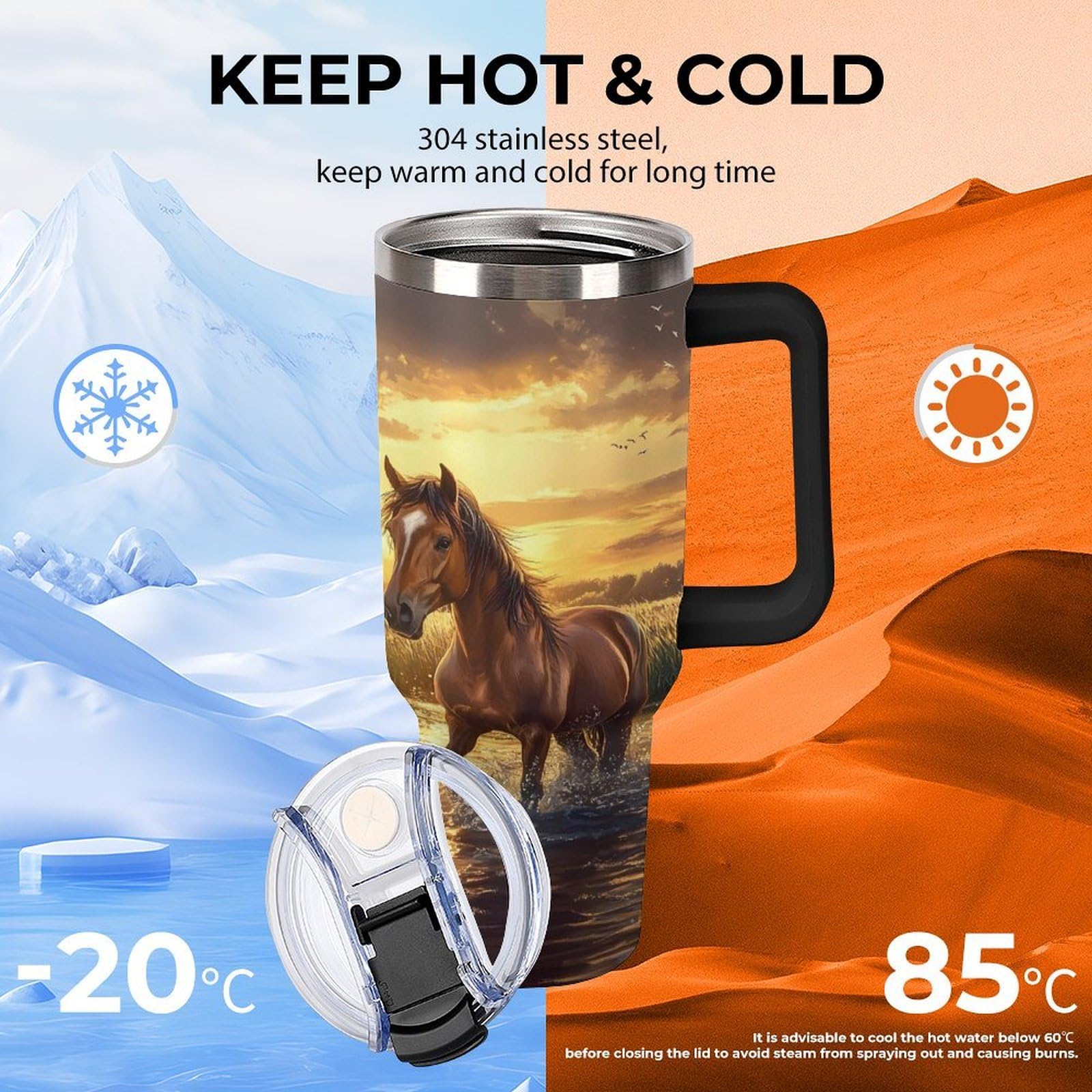 Reise-Kaffeebecher mit Griff, Motiv: Pferd, Sonnenuntergang, 1,2 l, große Kapazität, Autobecher, Wasserflasche