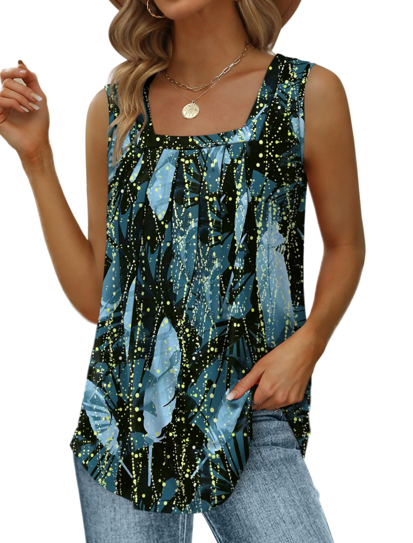 Saloogoe Summer Tank Tops for Women Loose Fit Pleated Square Neck Sleeveless Tops Curved Hem Flowy