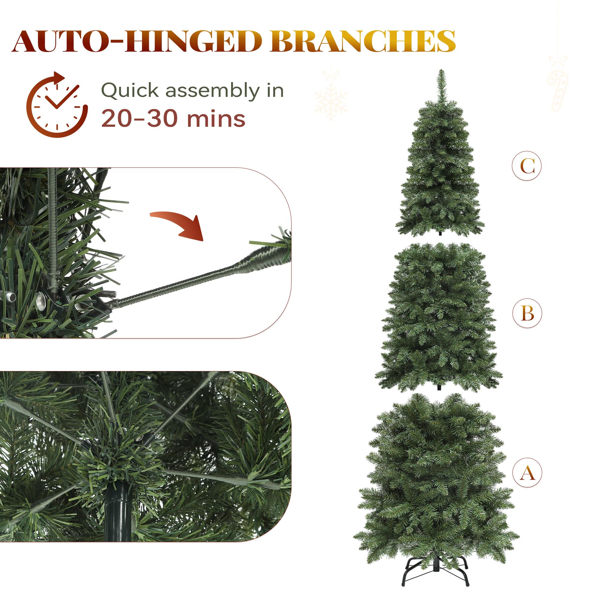 YITAHOME 180cm Künstlicher Weihnachtsbaum Schmal mit 200 LED Beleuchtung, ca. 700 Spitzen, Naturgetreu Tannenbaum mit Klappsystem & Metallständer, Schnellaufbau für Zuhause Geschäfte, 182 x Φ65cm