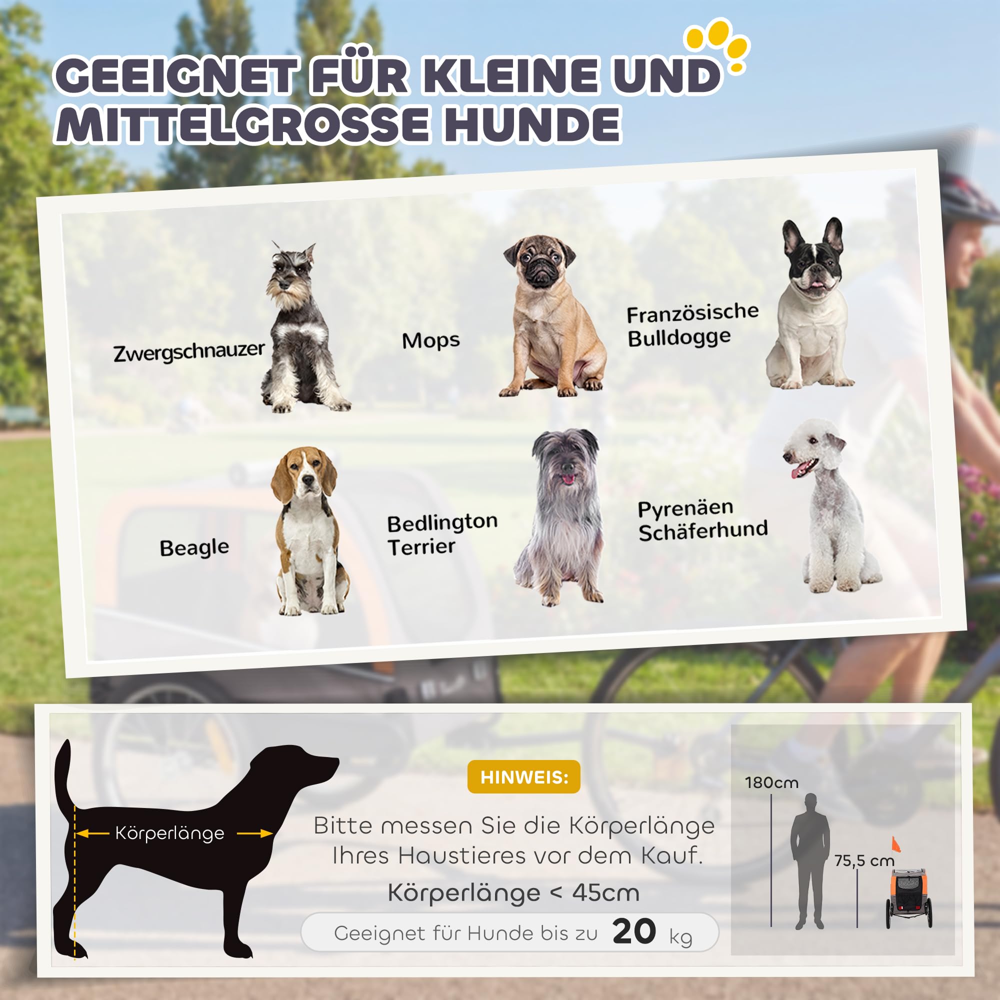 PawHut Hundeanhänger Faltbarer Fahrradanhänger mit Sicherheitsreflektoren 2 Türen Verstellbarer Leine Netzfenster tragbarer Hundefahrradanhänger aus 600D Oxford für Kleine Mittelgroße Hunde bis 20 kg