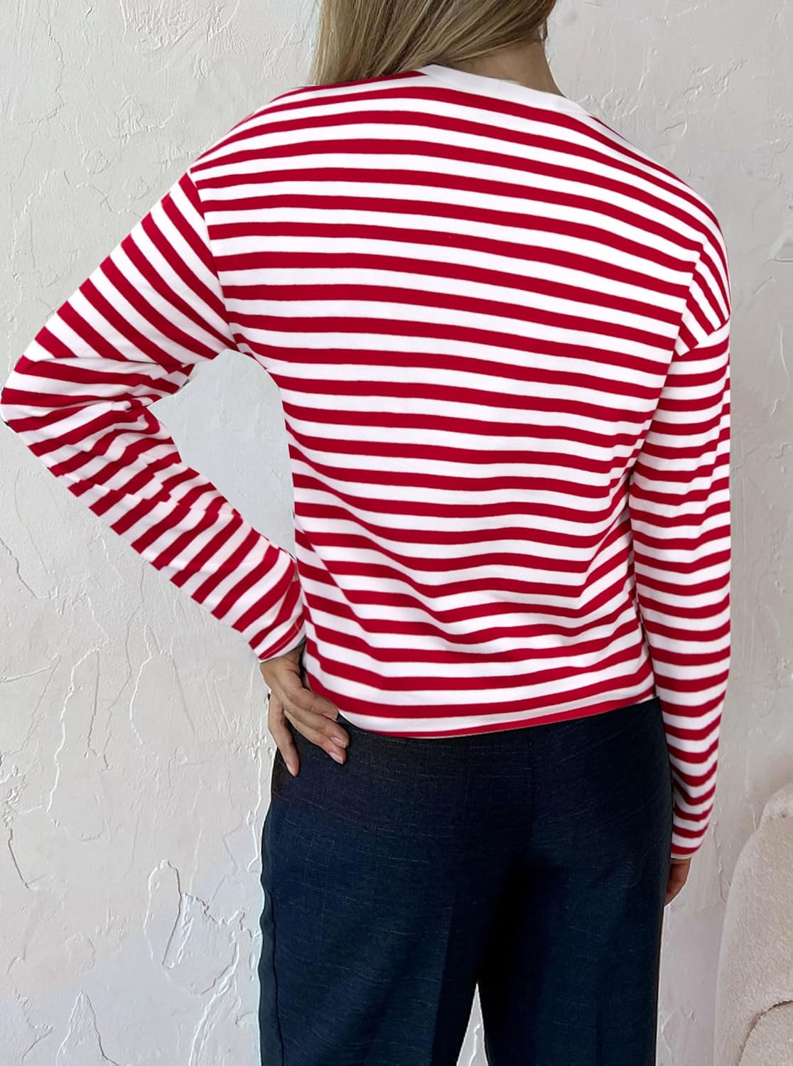 LilyCoco Women's Casual Striped Long Sleeve Shirts Crewneck Basic Loose Fit T Shirt - Image 2