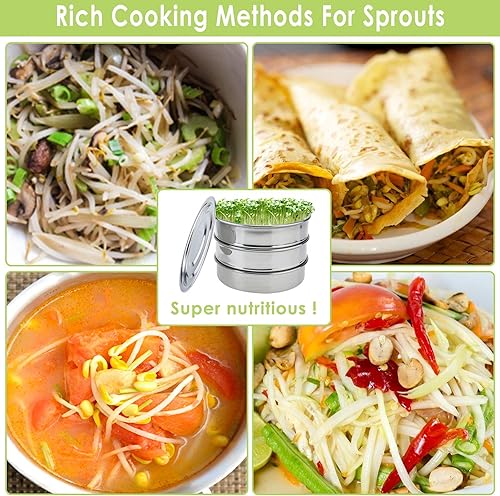 Miniatura 7 de Finderomend Kit de cultivo de brotes, juego de bandeja de germinación de semillas de acero inoxidable, kit de brotes apilables de 3 piezas, cultivo