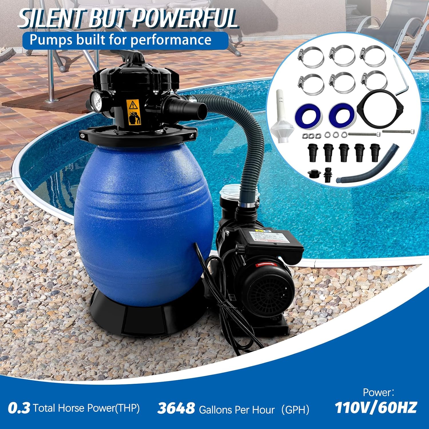 Sand Filter Pump for Above Ground Pool,13" Pool Sand Filter 3/4HP, 3648GPH, up to 12000 Gallon, 6-Way Valve, Easy Installation, Blue